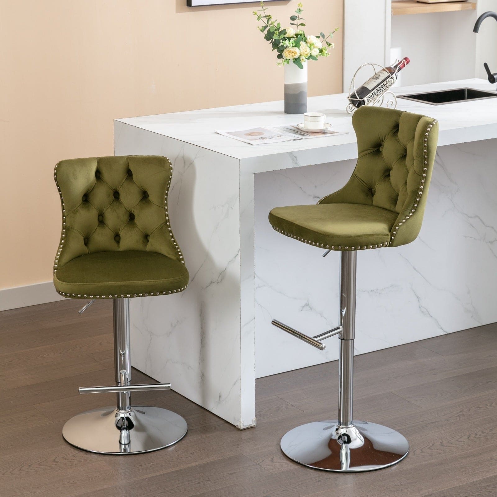 Swivel Velvet Barstools Olive-Green,Set of 2