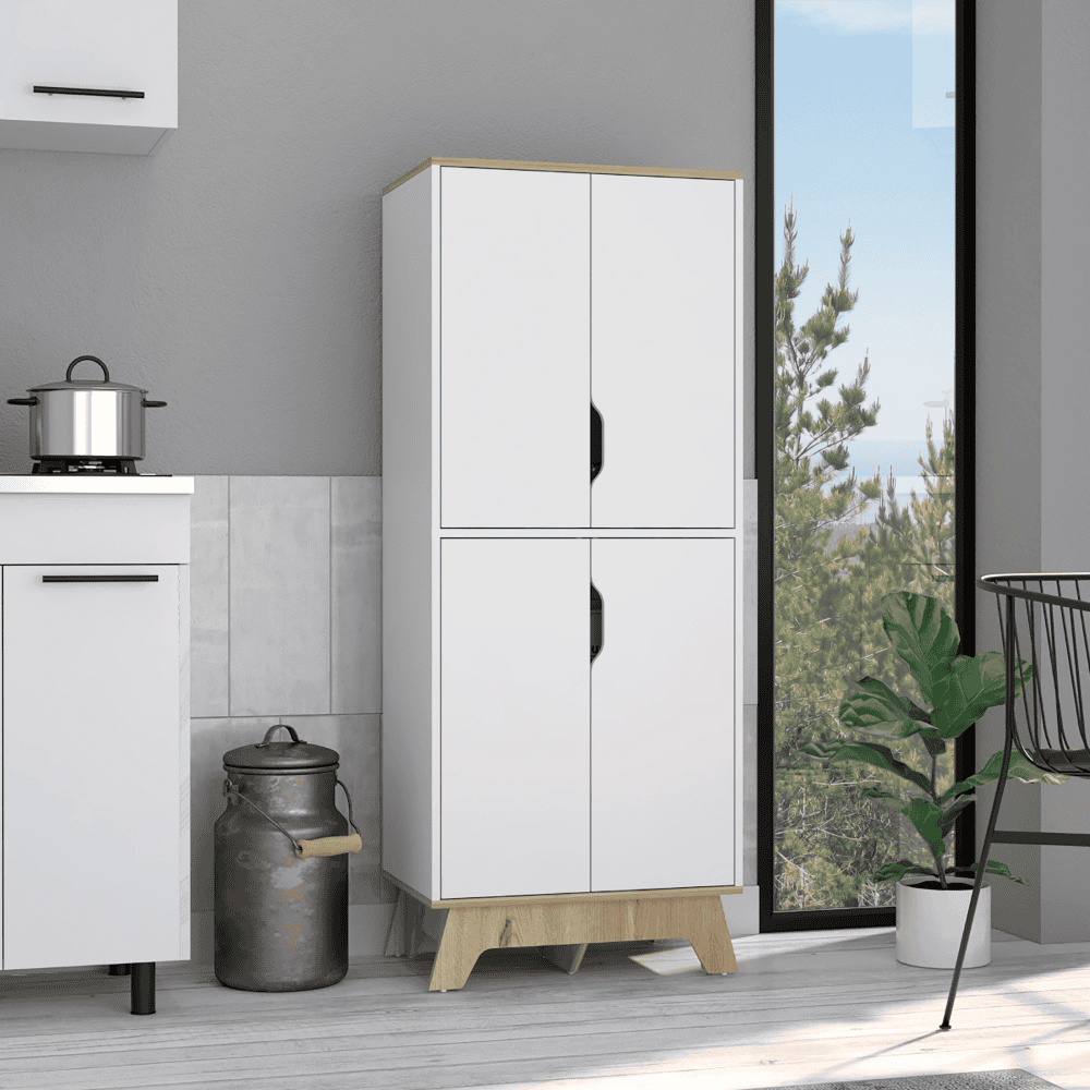 DEPOT E-SHOP Dahoon Double Kitchen Pantry Double Kitchen Pantry, Double Door Cabinet, Four Shelves, Light Oak / White