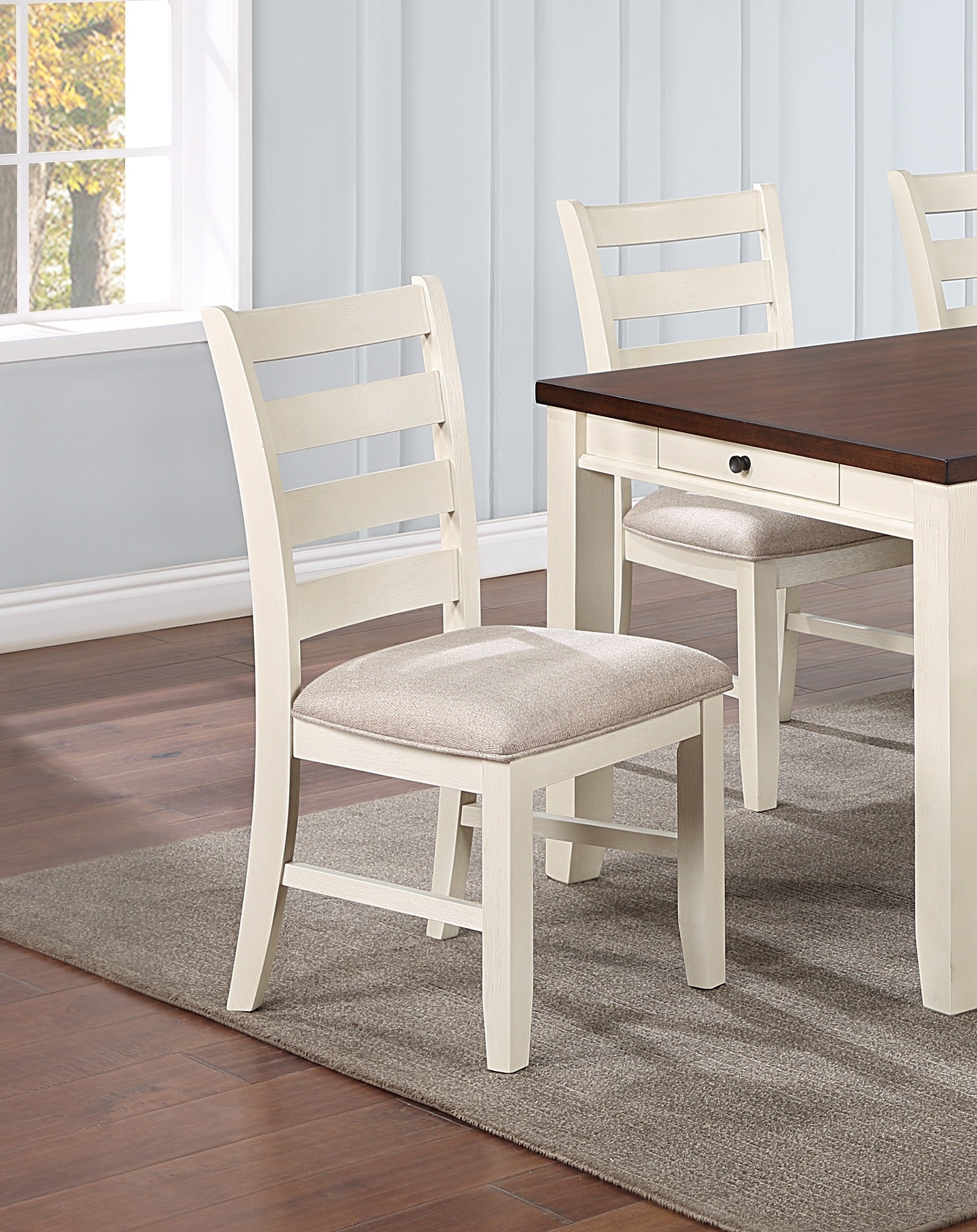 White Classic 2pcs Dining Chairs Set Rubberwood Beige Fabric Cushion Seats Ladder Backs Dining Room Furniture Side Chair