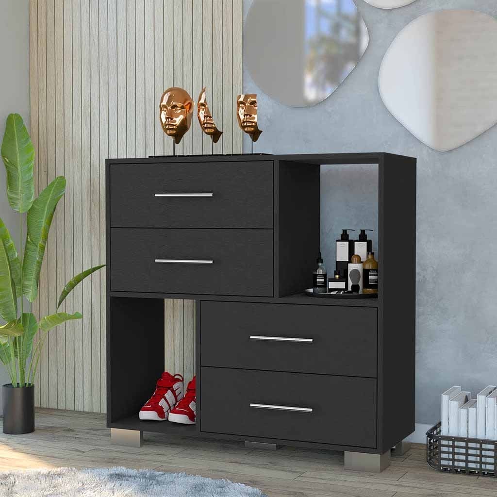 Dresser Hetzs, Four Drawers, Two Open Shelves, Black Wengue Finish