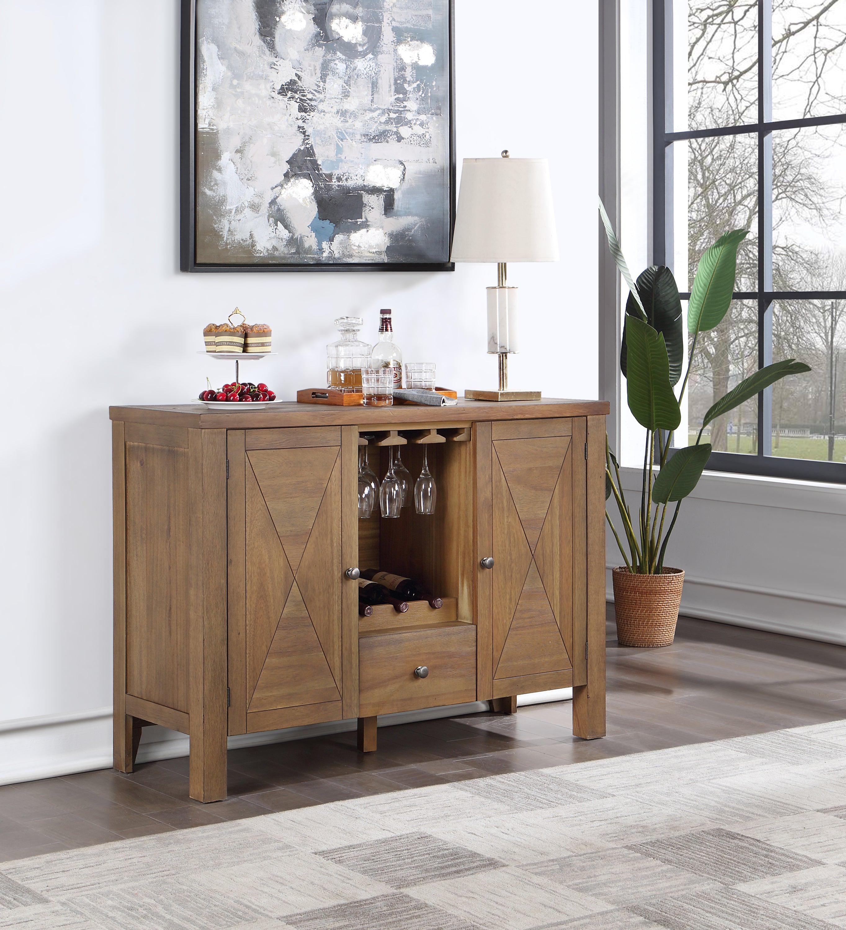 ACME Pascaline Server, Gray Fabric, Rustic Brown & Oak Finish DN01133