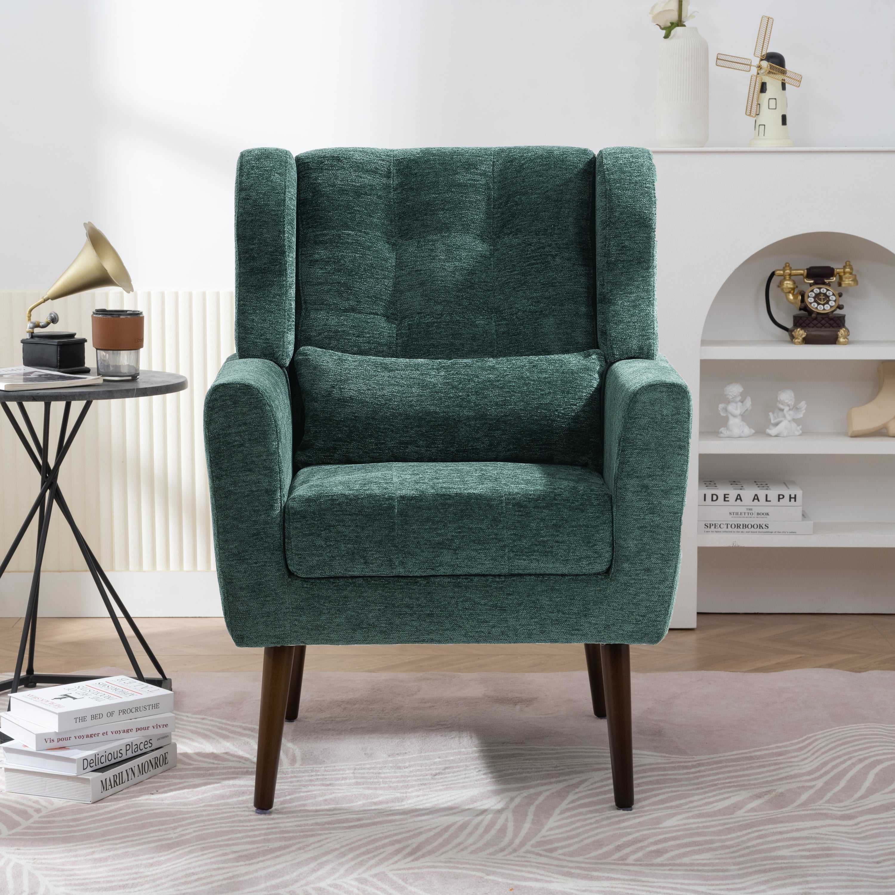 Modern Accent Chair Upholstered Foam Filled Living Room Chairs Comfy Reading Chair Mid Century Modern Chair with Chenille Fabric Lounge Arm Chairs Armchair for Living Room Bedroom (Blackish Green)