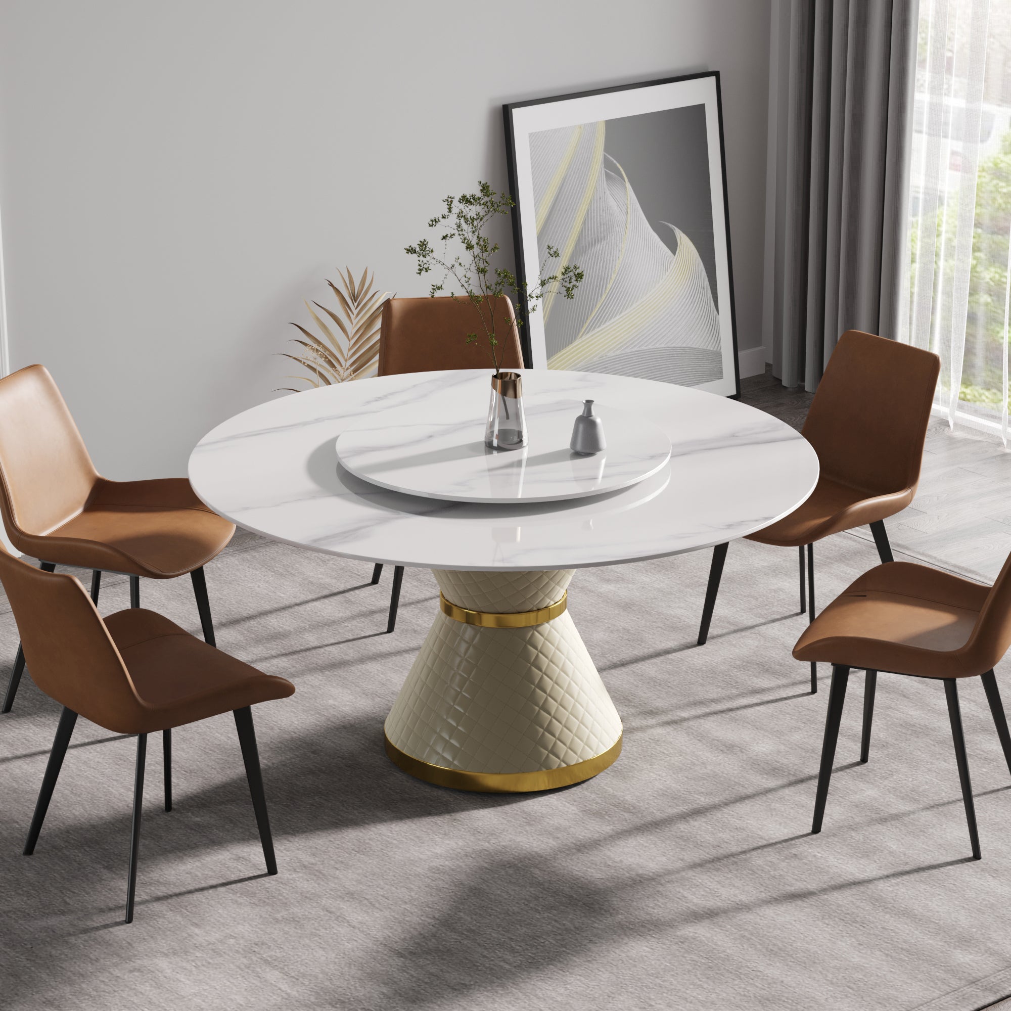 59.05"Modern artificial stone round white carbon steel base dining table-can accommodate 6 people-31.5"white artificial stone turntable