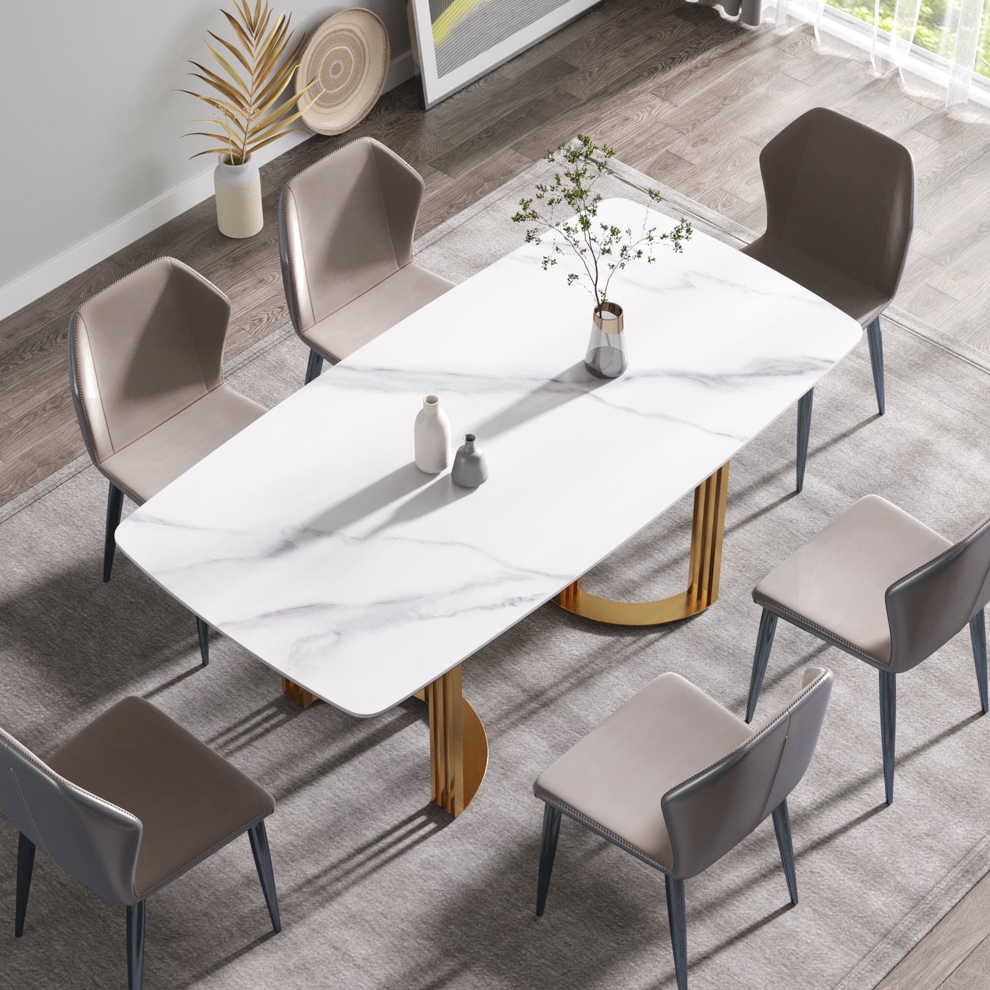 70.87"Modern artificial stone white curved golden metal leg dining table-can accommodate 6-8 people