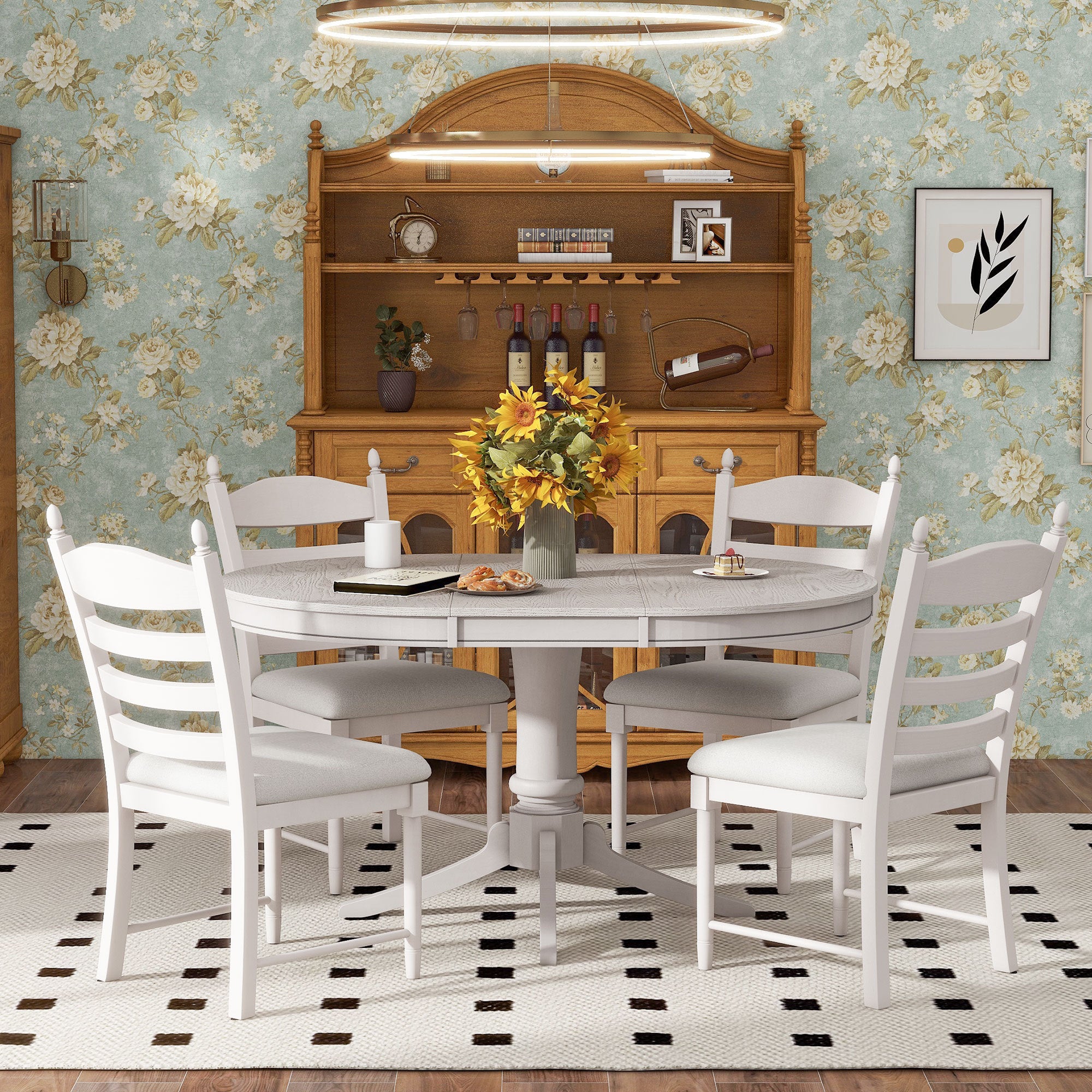 TREXM 5-Piece Retro Functional Dining Table Set Wood Round Extendable Dining Table and 4 Upholstered Dining Chairs (Antique White)