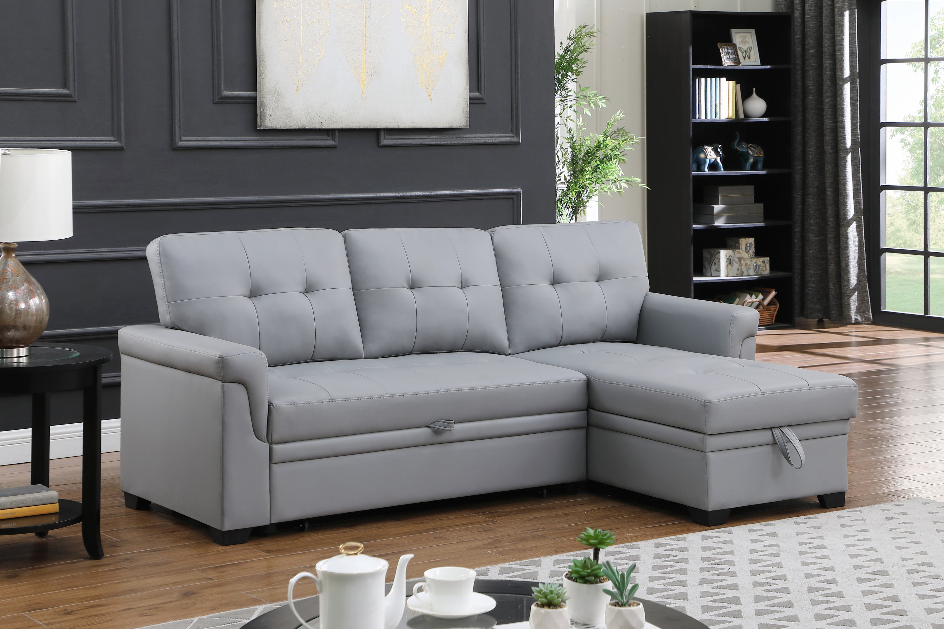 Lexi Gray Vegan Leather Modern Reversible Sleeper Sectional Sofa with Storage Chaise