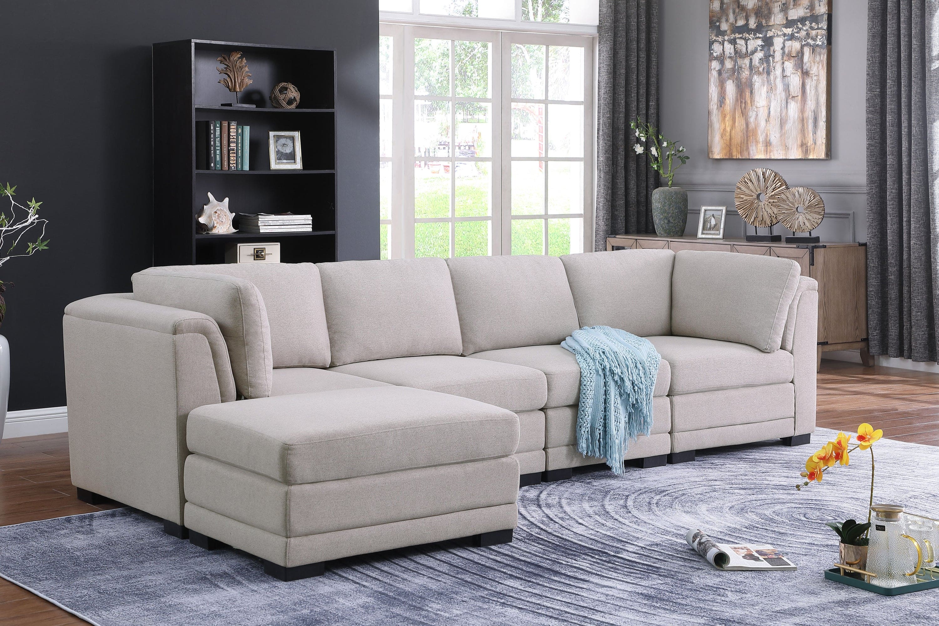 Kristin Light Gray Linen Fabric Reversible Sectional Sofa with Ottoman