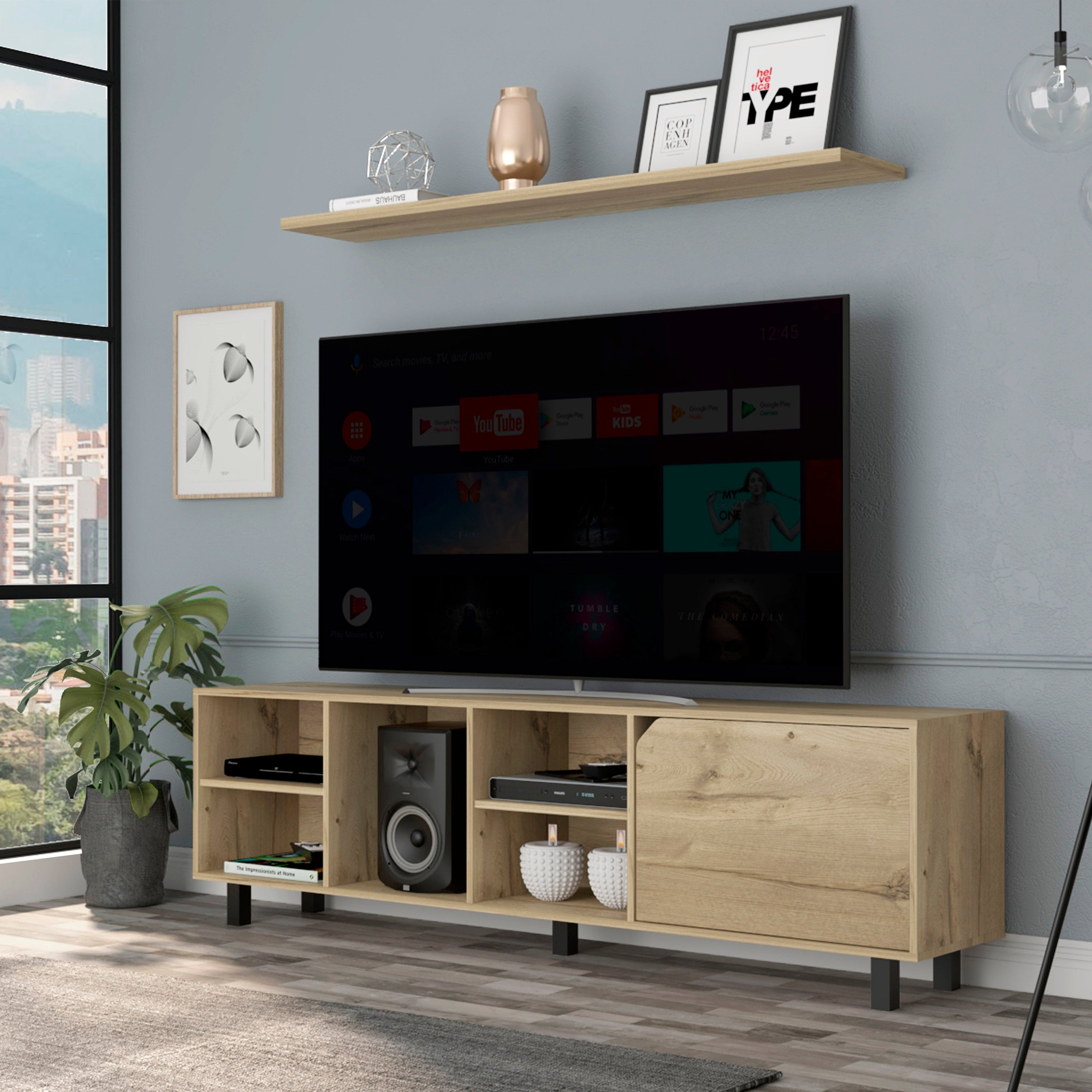 Valdivia Tv Stand for TV´s up 70", Four Open Shelves, Five Legs -Light Oak