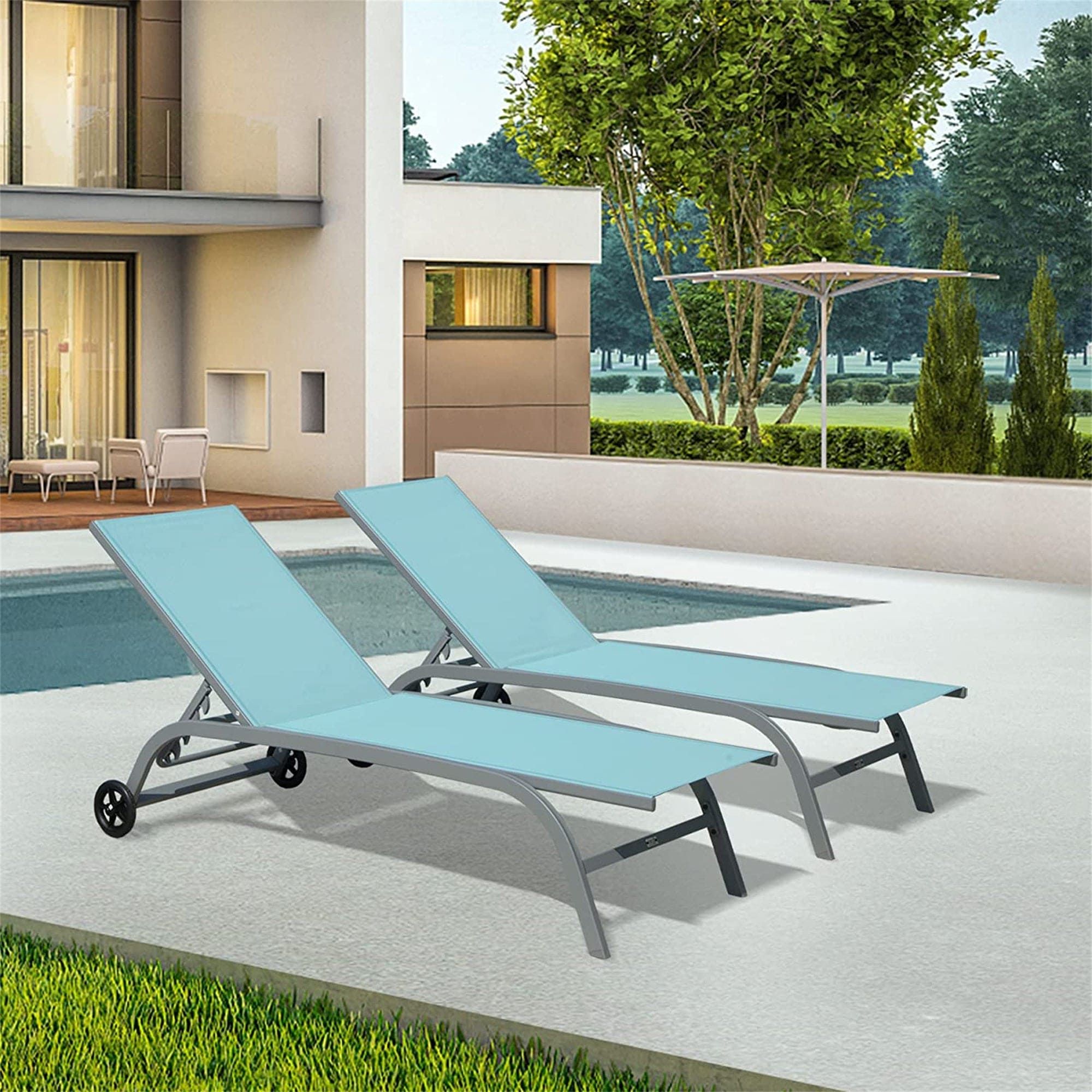 Chaise Lounge Outdoor Set of 2, Lounge Chairs for Outside with Wheels, Outdoor Lounge Chairs with 5 Adjustable Position, Pool Lounge Chairs for Patio,Beach,Poolside(Turquoise Blue,2 Lounge Chairs)