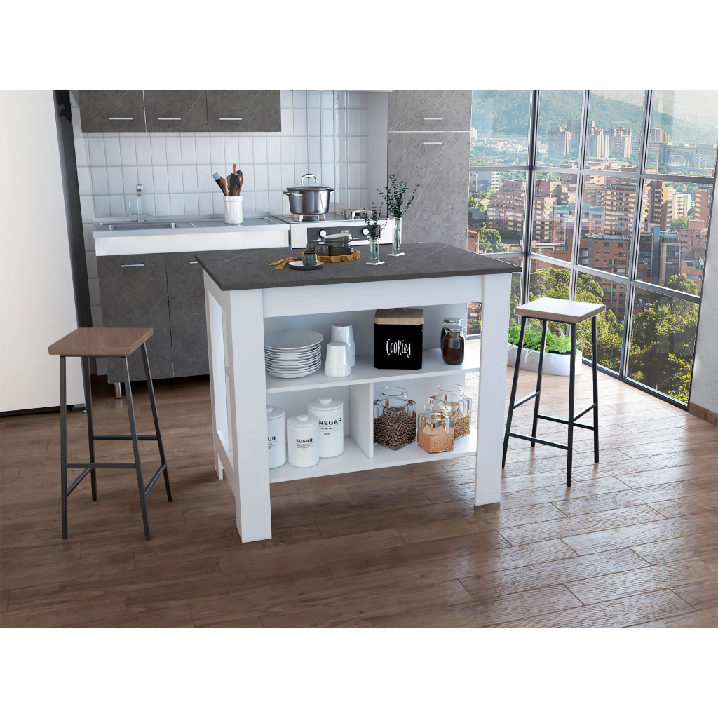 DEPOT E-SHOP Delos Kitchen Island, Four Legs, Three Shelves, White / Onix