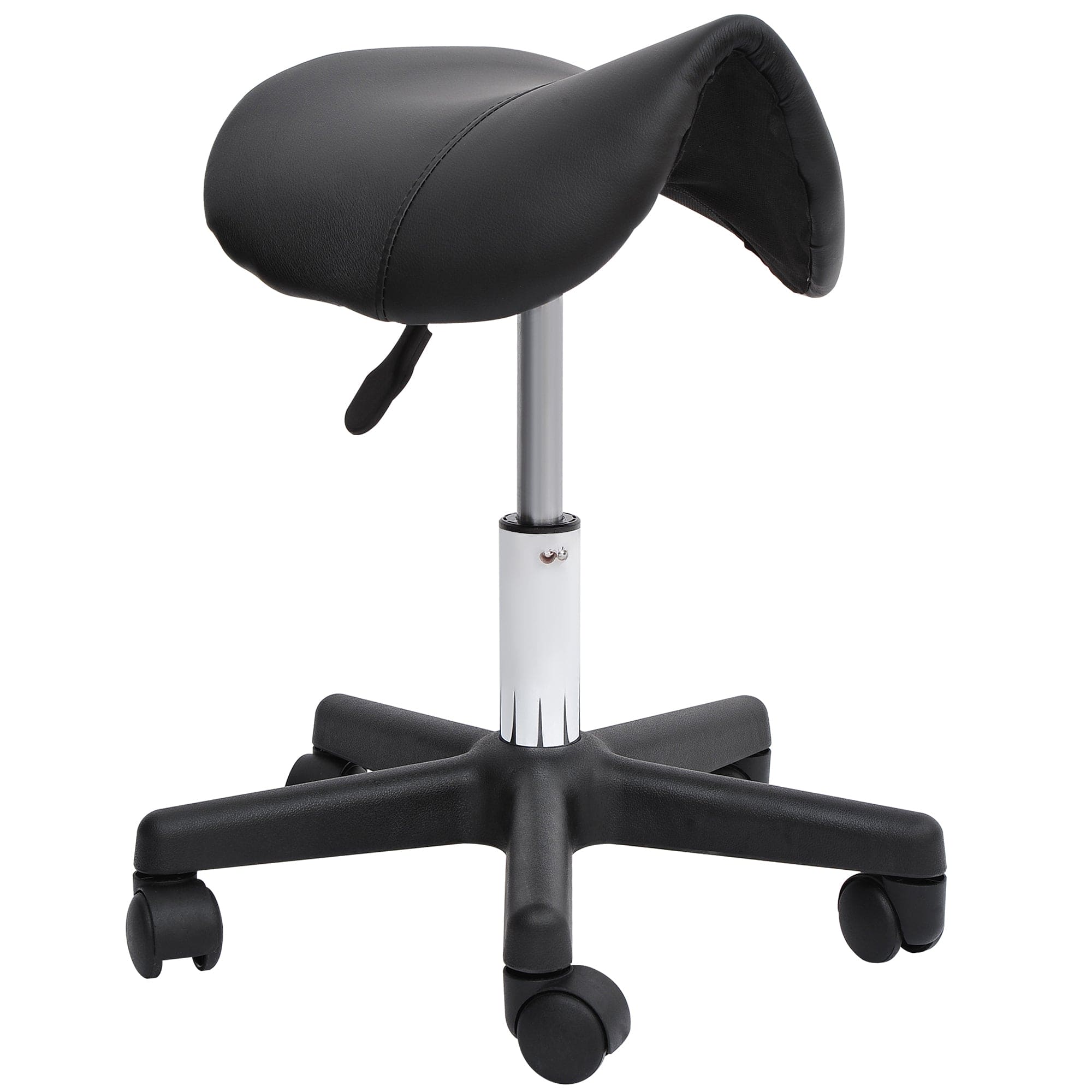 HOMCOM Rolling Saddle Stool, Swivel Salon Chair, Ergonomic Faux Leather Stool, Adjustable Height with Wheels for Spa, Salon, Massage, Office, Black