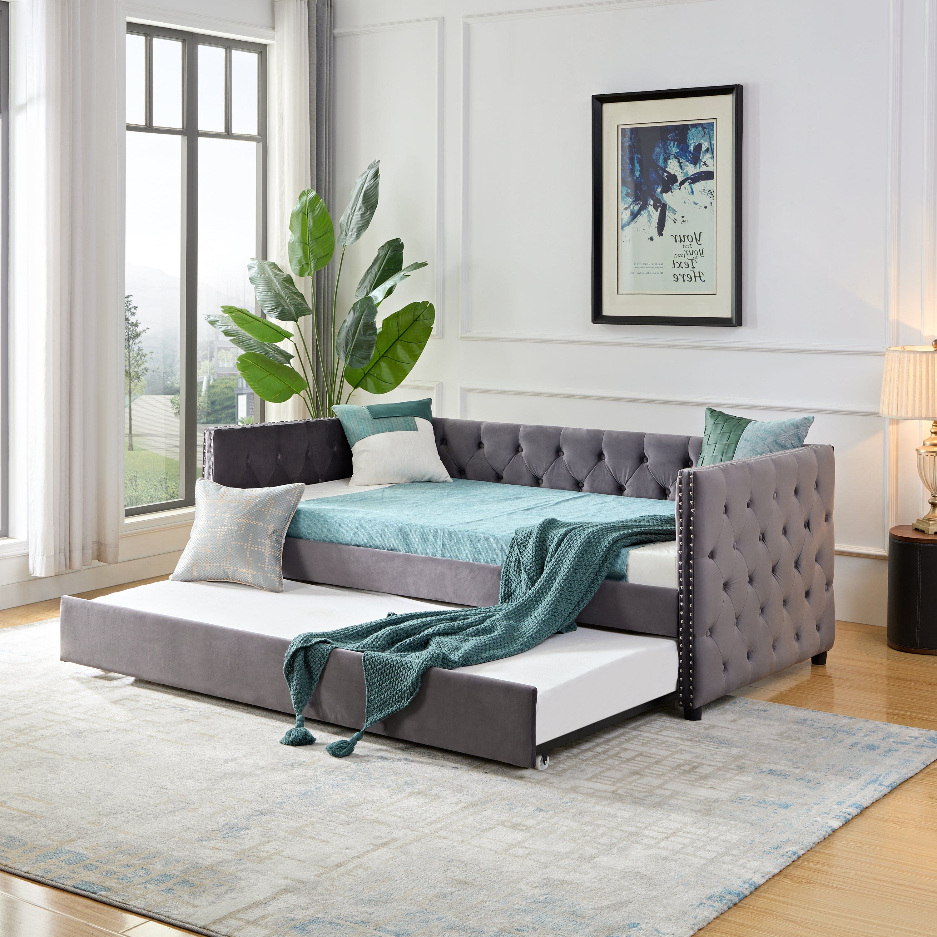 Daybed with Trundle Sofa Bed, upgraded velvet upholstered sofa bed, with Button and copper nail on square arms,bedroom living room furniture (Grey,Twin,83.47"x41.91"x30.71")