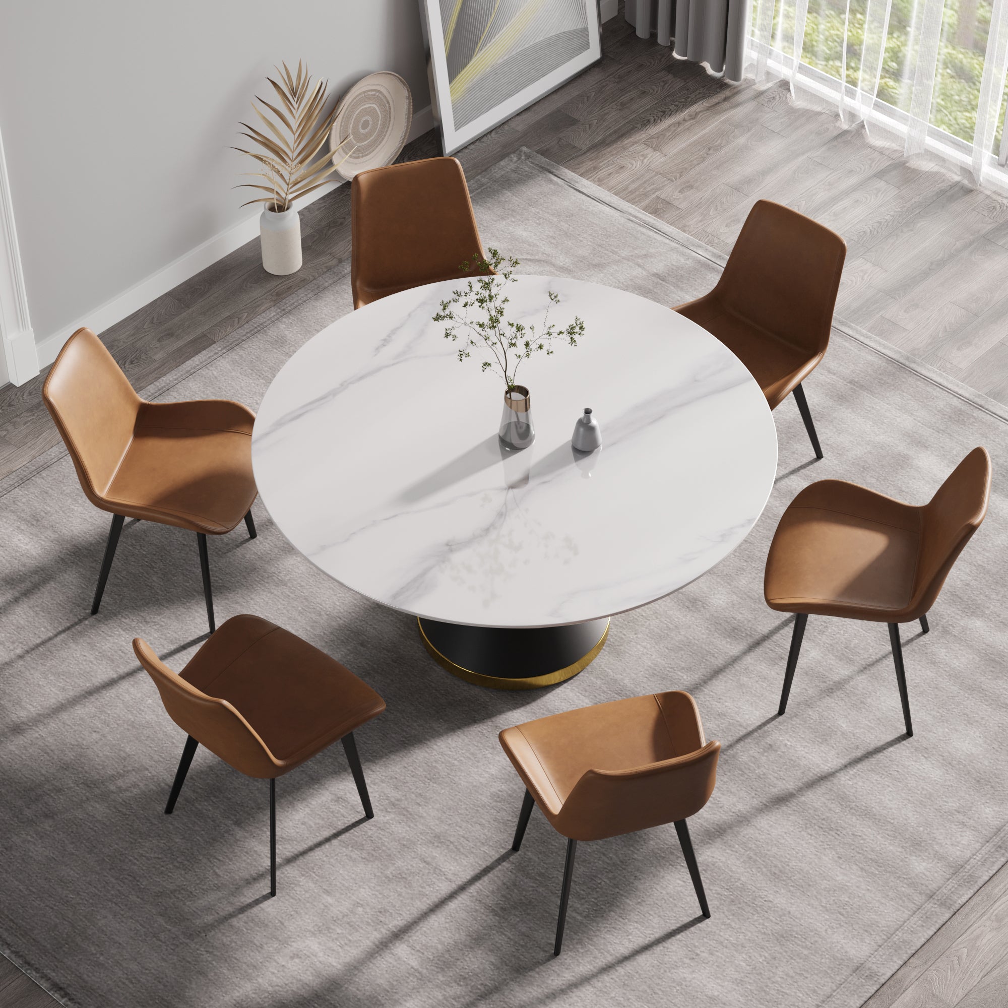 59.05"Modern artificial stone round black carbon steel base dining table-can accommodate 6 people