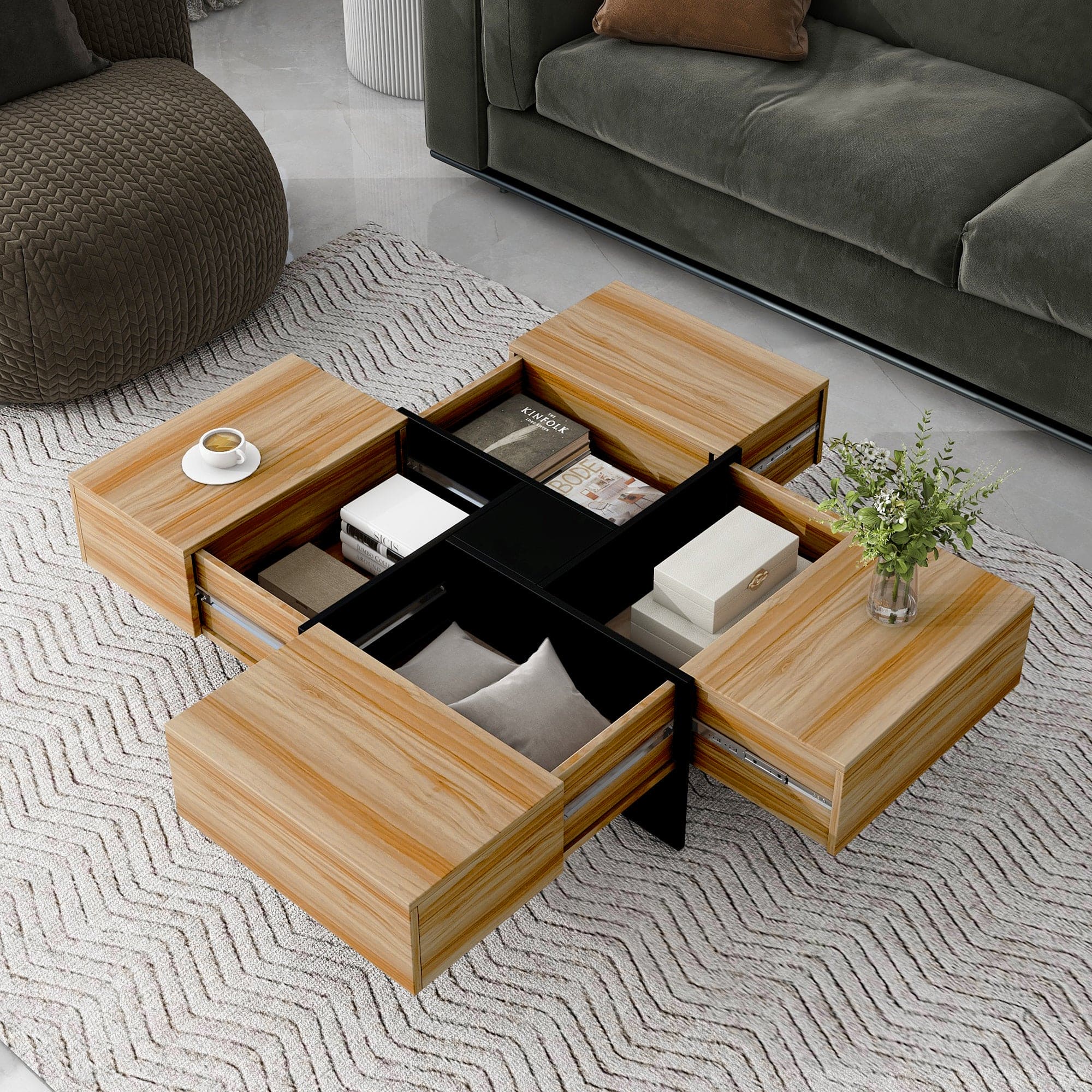 ON-TREND Unique Design Coffee Table with 4 Hidden Storage Compartments, Square Cocktail Table with Extendable Sliding Tabletop, UV High-gloss Design Center Table for Living Room, 31.5"x 31.5"