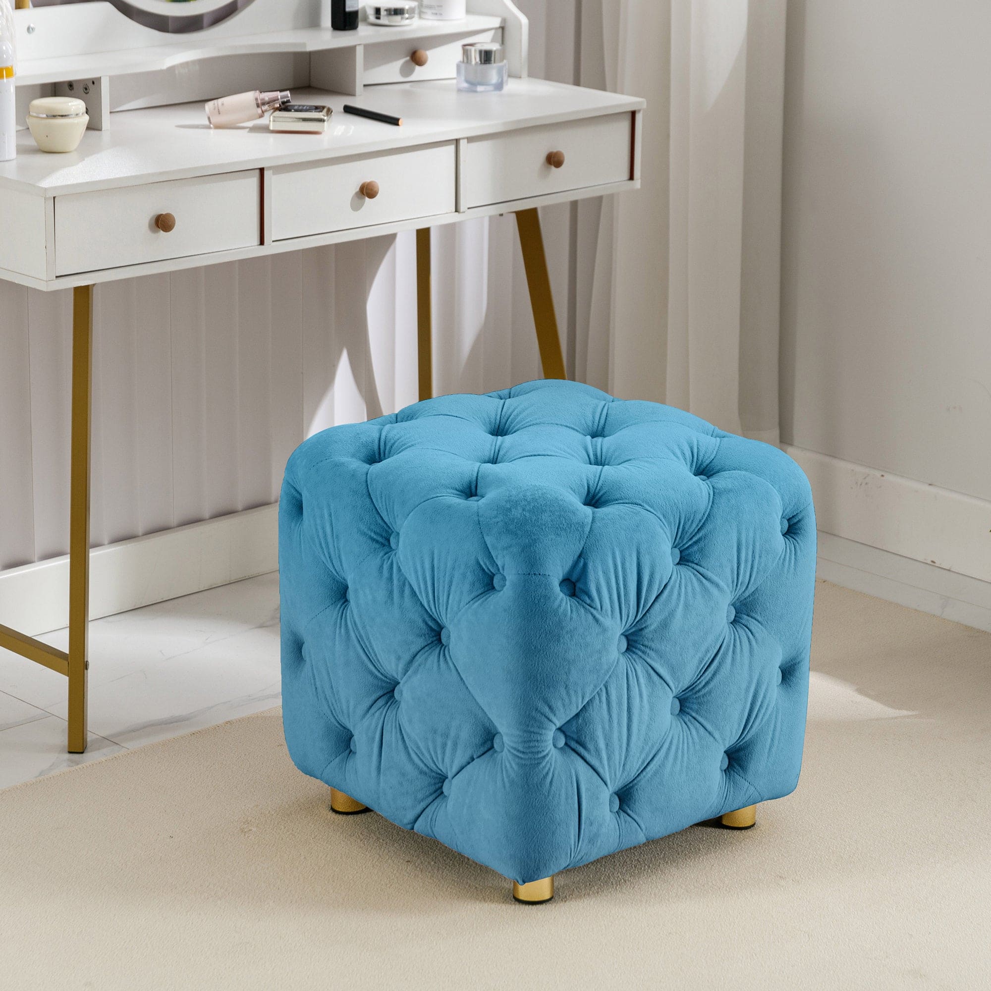 Blue Modern Velvet Upholstered Ottoman, Exquisite Small End Table, Soft Foot Stool,Dressing Makeup Chair, Comfortable Seat for Living Room, Bedroom, Entrance