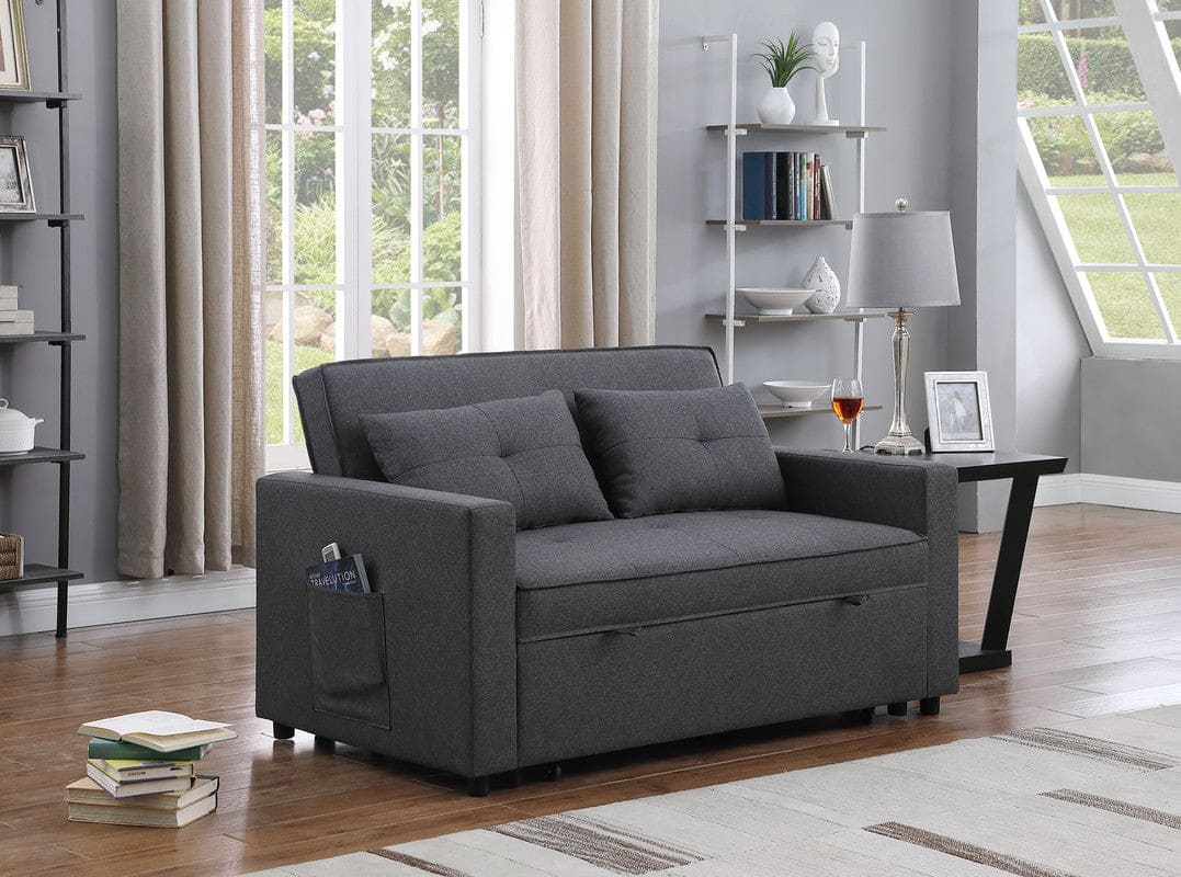 Zoey Dark Gray Linen Convertible Sleeper Loveseat with Side Pocket