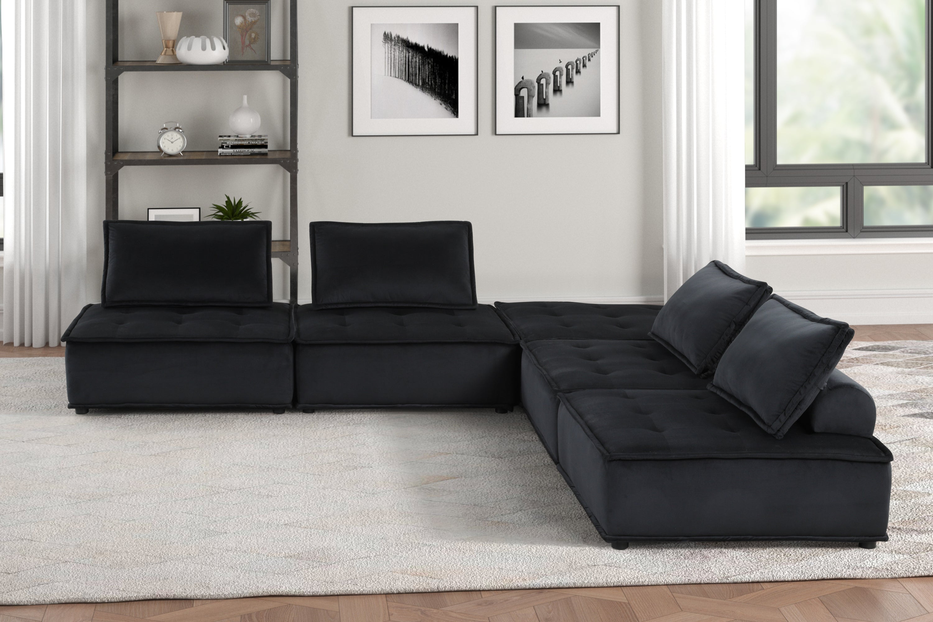 Anna Black Velvet 5 Pc Sectional Sofa