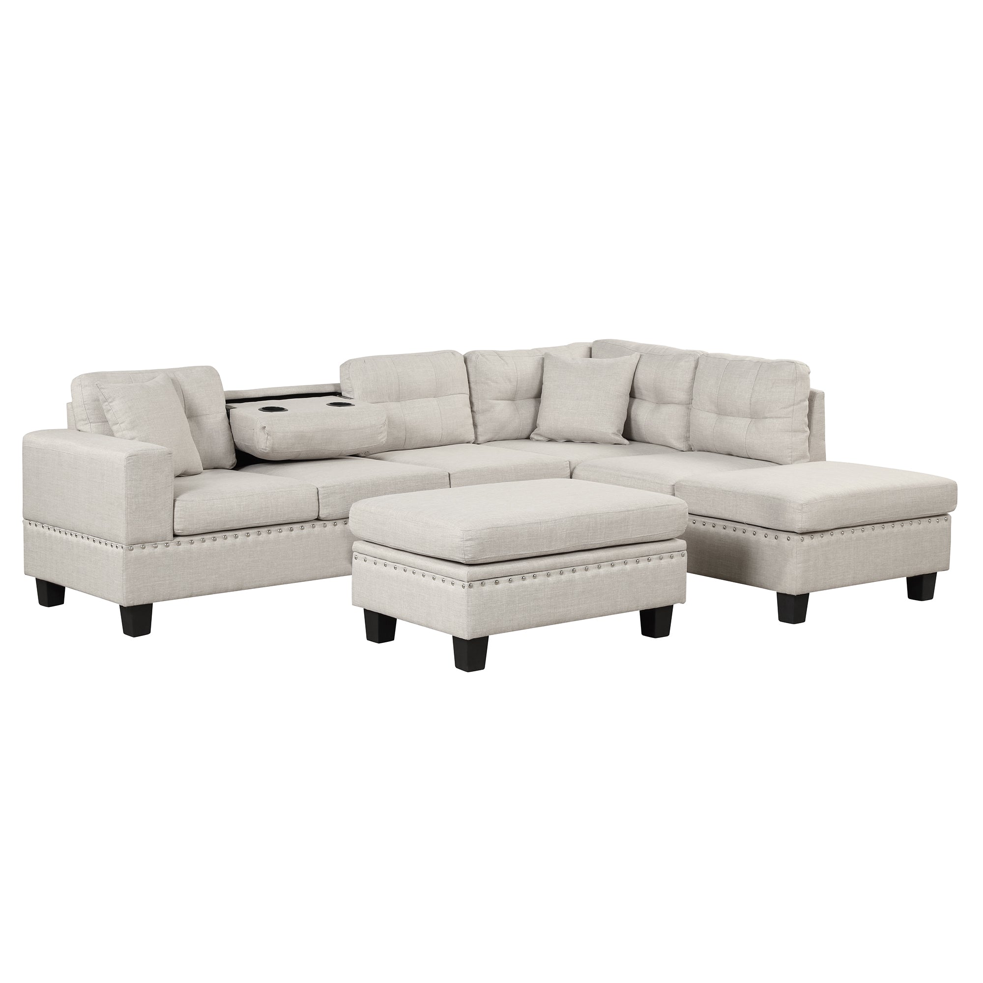 104.5" Modern Sectional Sofa with Storage Ottoman, L-Shape Couch with 2 Pillows and Cup Holder,Sectional Sofa with Reversible Chaise for Living Room,Light Gray