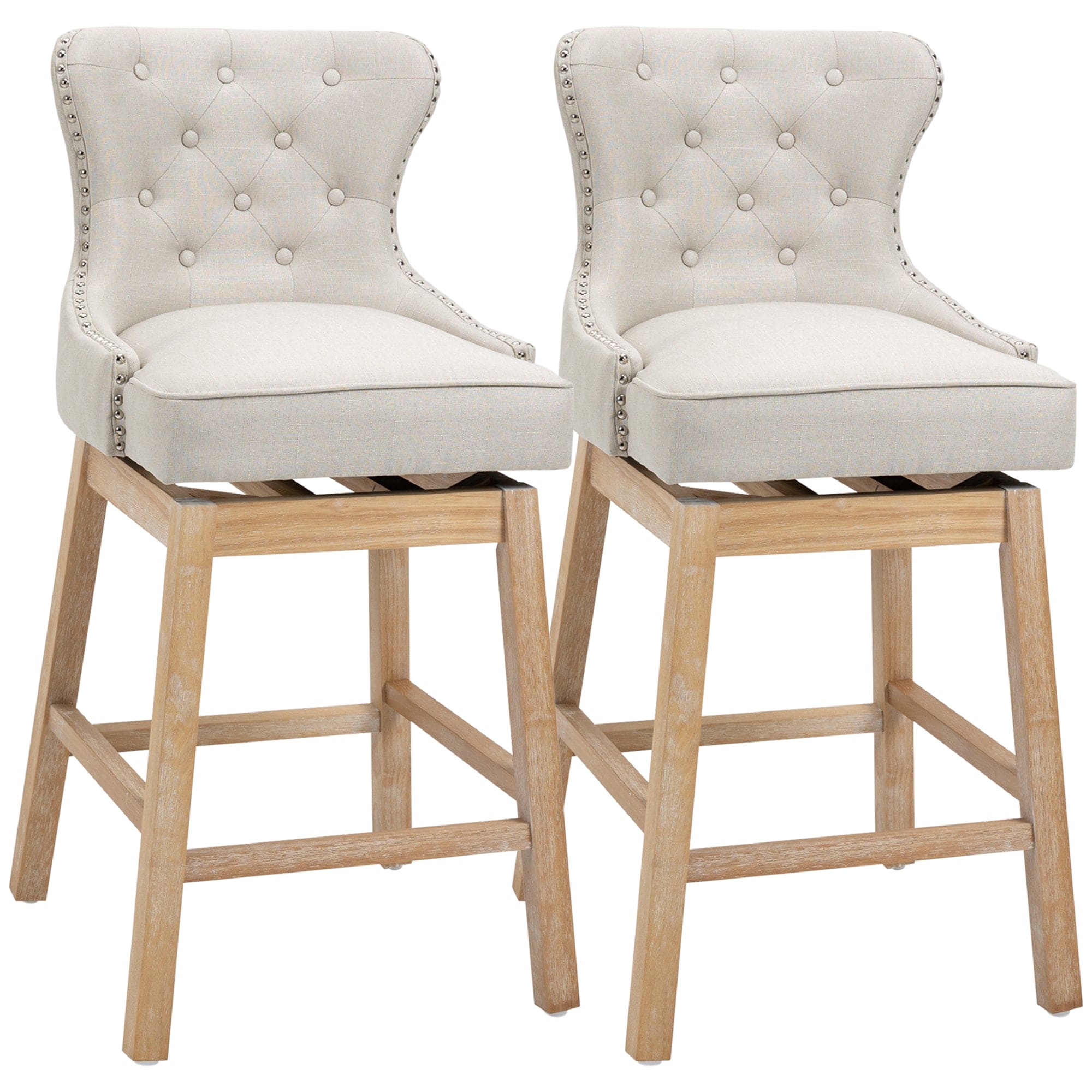 HOMCOM Upholstered Fabric Bar Height Bar Stools, 180° Swivel Nailhead-Trim Pub Chairs, 30" Seat Height with Rubber Wood Legs, Set of 2, Cream