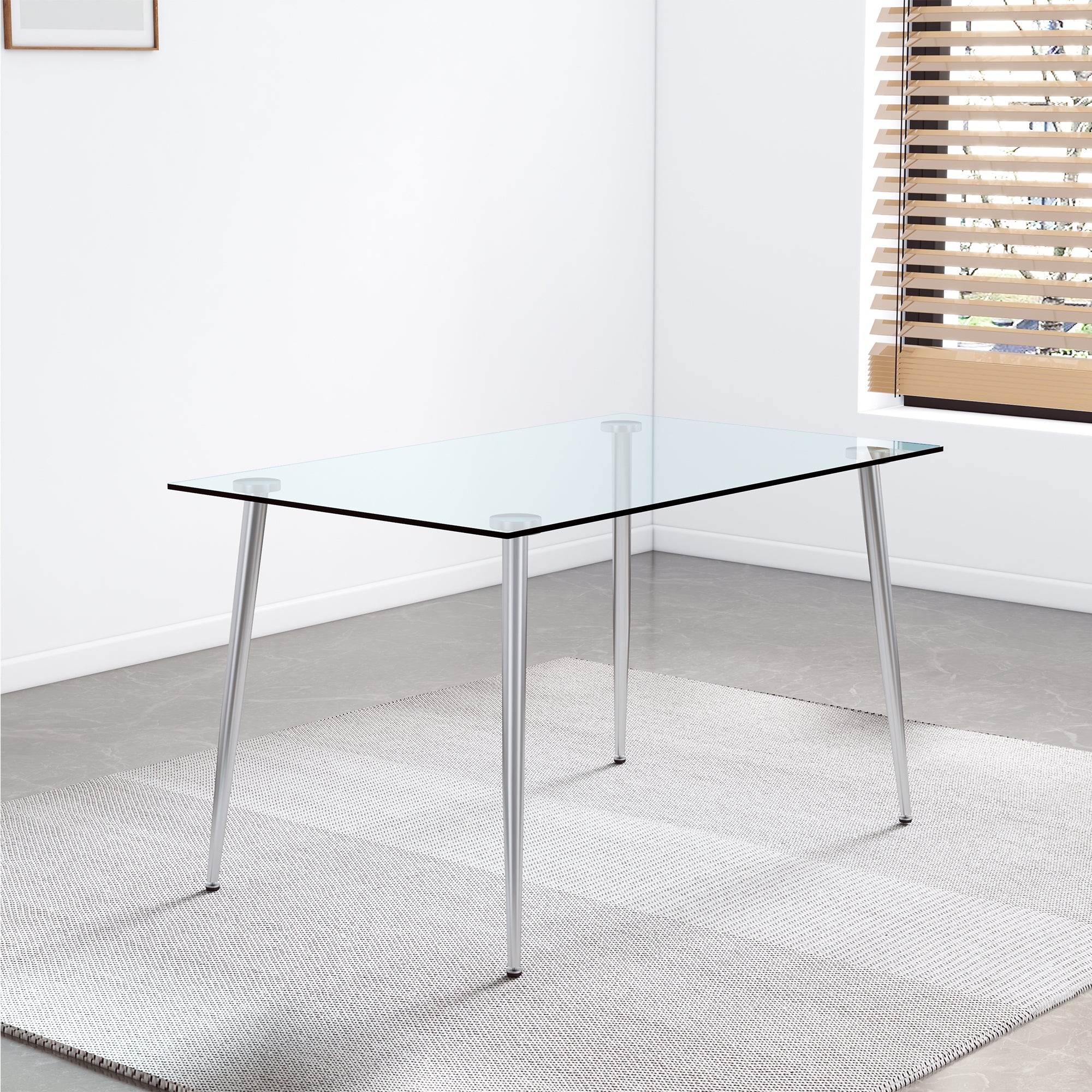 Modern Minimalist Rectangular Glass  Dining Table for 4-6 with 0.31" Tempered Glass Tabletop and Silver plating Metal Legs, Writing Table Desk, for Kitchen Dining Living Room, 51" *31"* 30" .F-1544