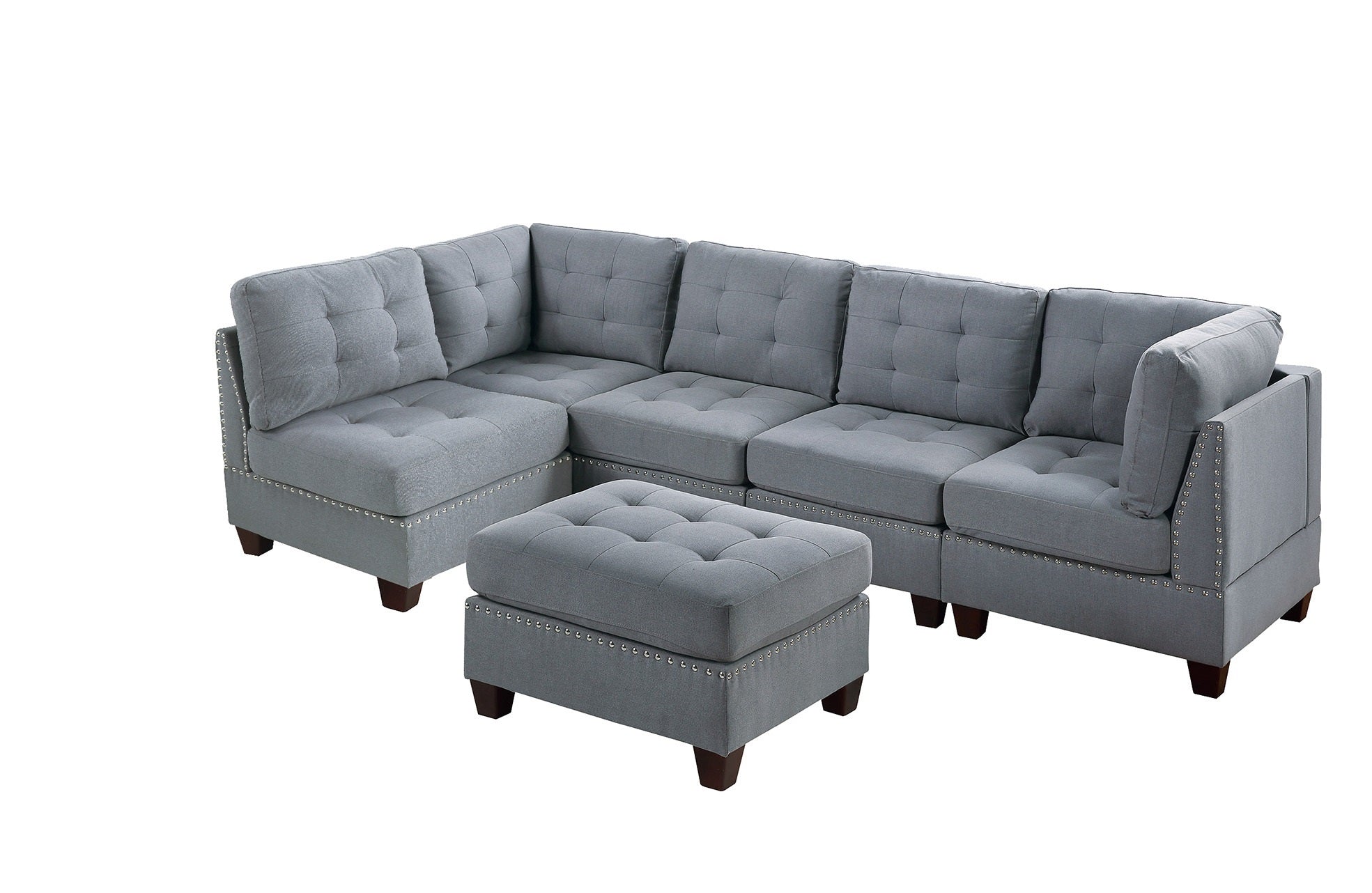 Contemporary Modular Sectional 6pc Set Living Room Furniture Corner Sectional Gray Linen Like Fabric Tufted Nail heads 2x Corner Wedge 3x Armless Chair and 1x Ottoman