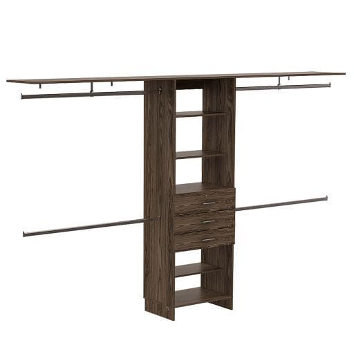 Plego 69"W - 118"W Drawers Closet System, Five Shelves, Four Hanging Rods, Three Drawers -Dark Walnut