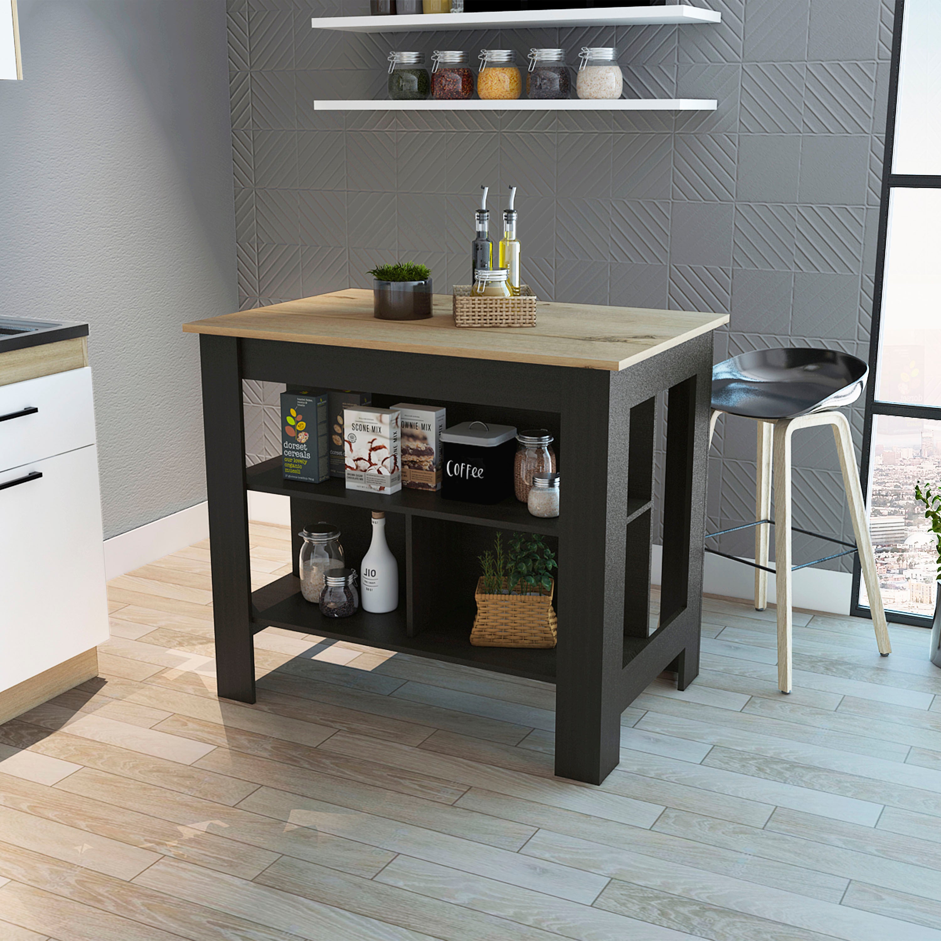 Rockaway 3-Shelf Kitchen Island Black Wengue and Light Oak