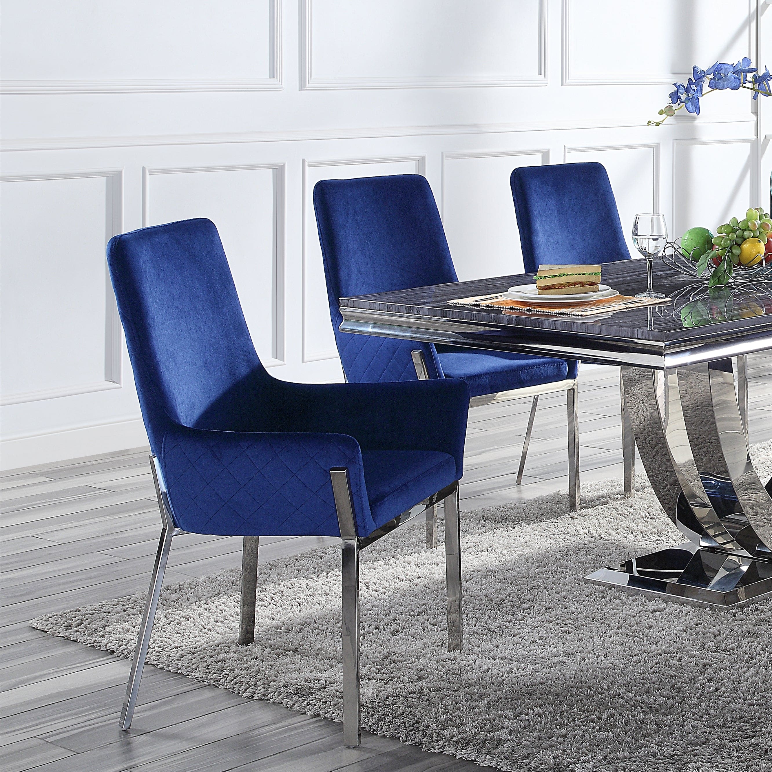 ACME Cambrie Side Chair (Set-2) in Blue Velvet & Mirrored Silver Finish DN00222