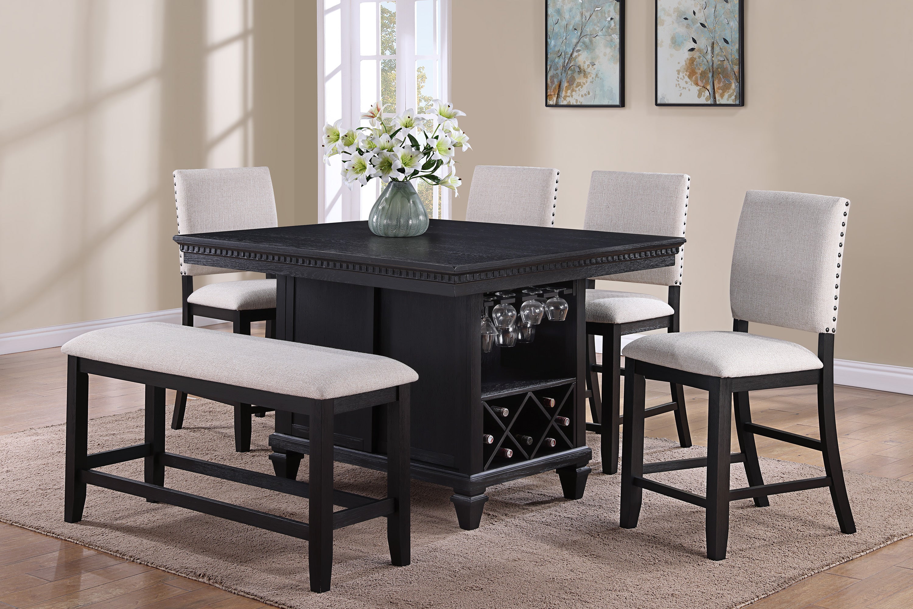 Traditional Vintage Style 6Pc Counter Height Dining Set Charcoal Black Finish Rectangular Table Gray Fabric Upholstered Nailhead Chairs Bench Solid Wood Dining Room Furniture