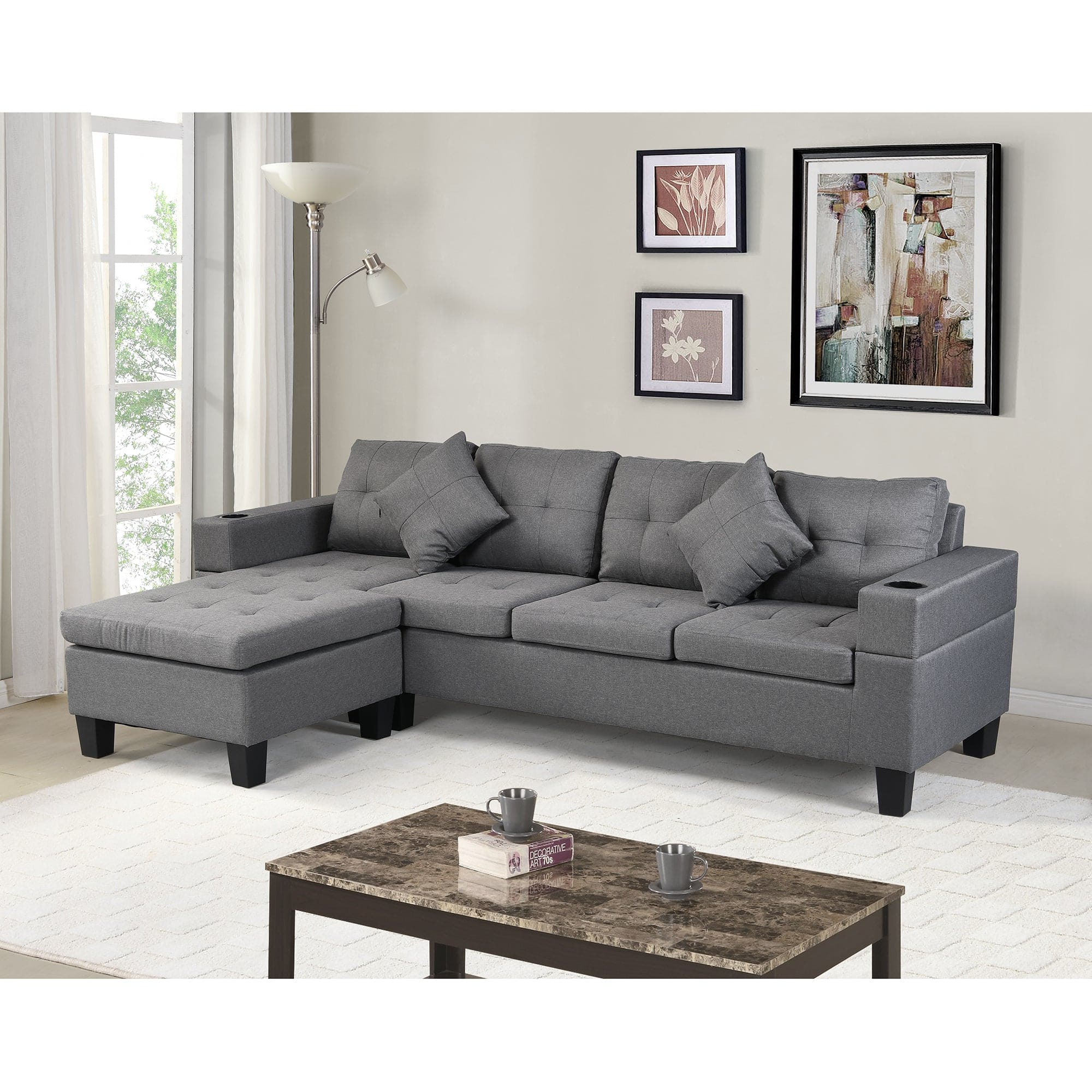 Sectional Sofa Set for Living Room with L Shape  Chaise Lounge ,cup holder and  Left or Right Hand Chaise  Modern 4 Seat