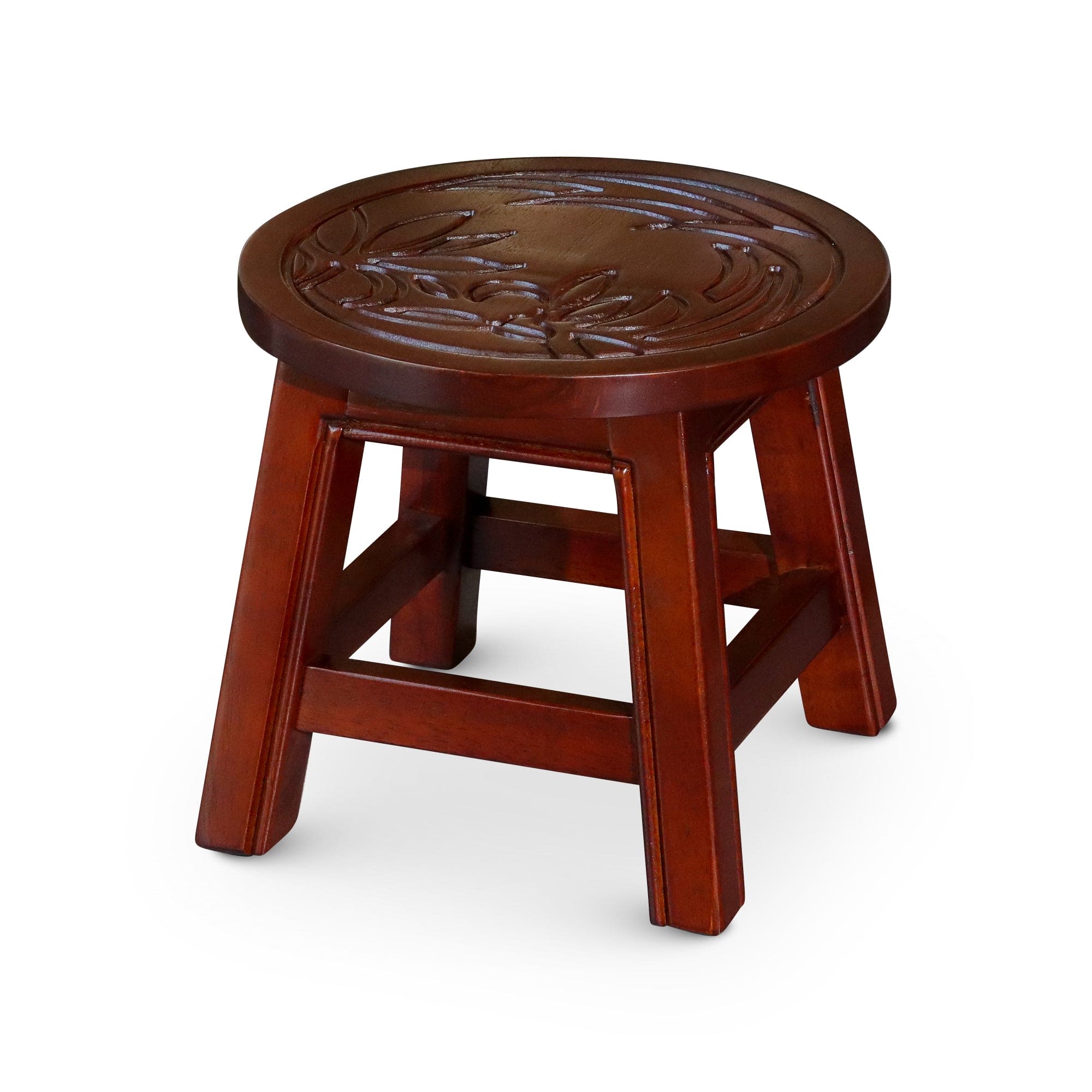 Carved Wooden Step Stool, Floral, Cherry