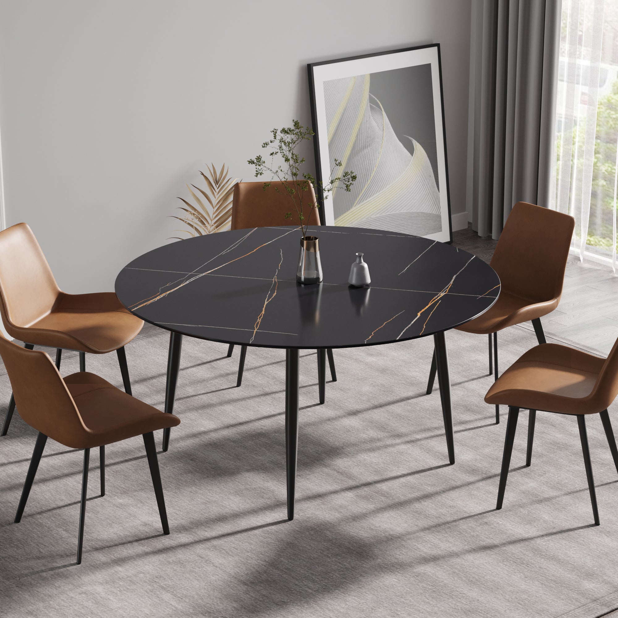 59.05"Modern man-made stone round black metal dining table-position for 6 people