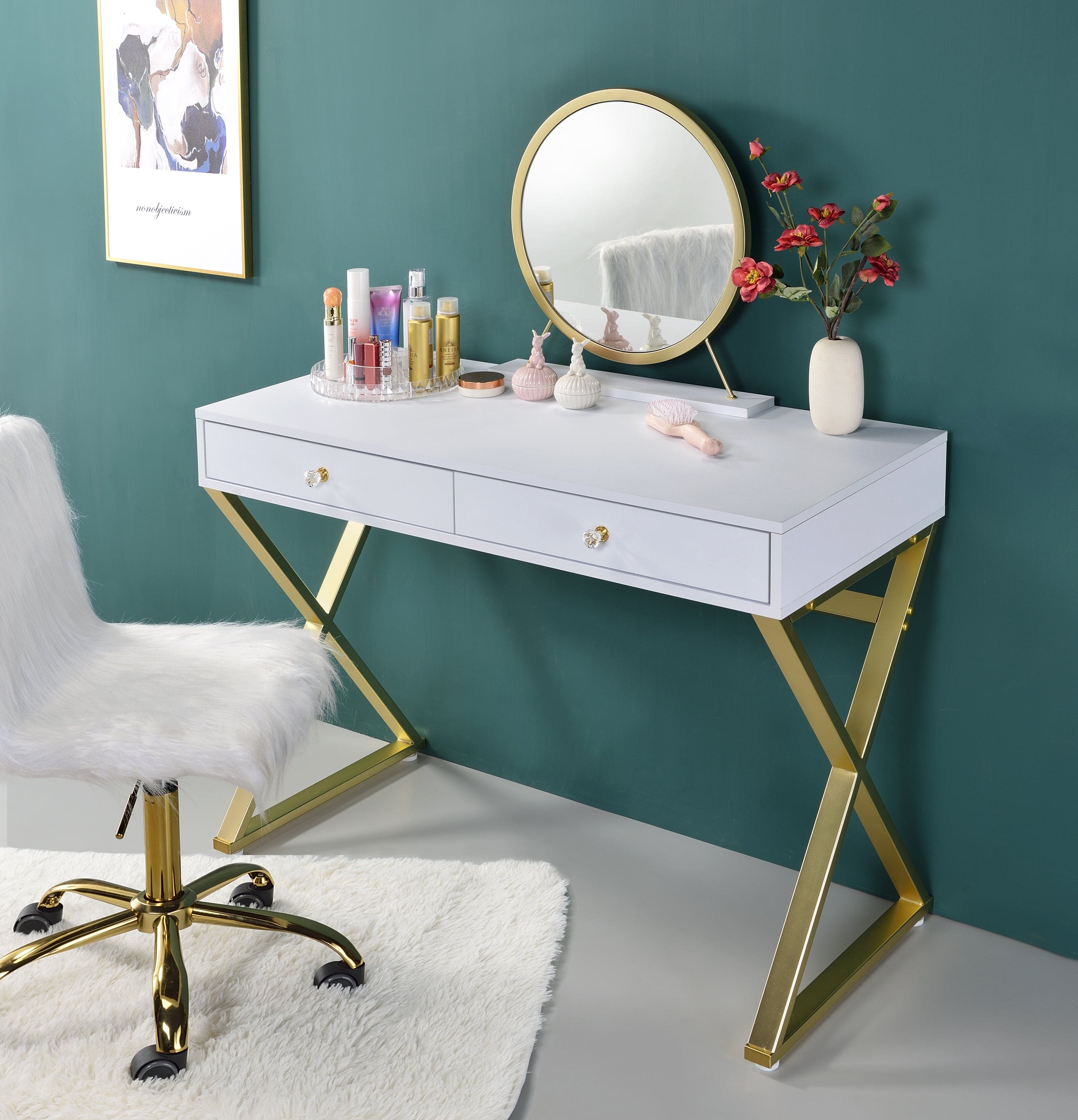 ACME Coleen Vanity Desk w/Mirror & Jewelry Tray in White & Gold Finish AC00667