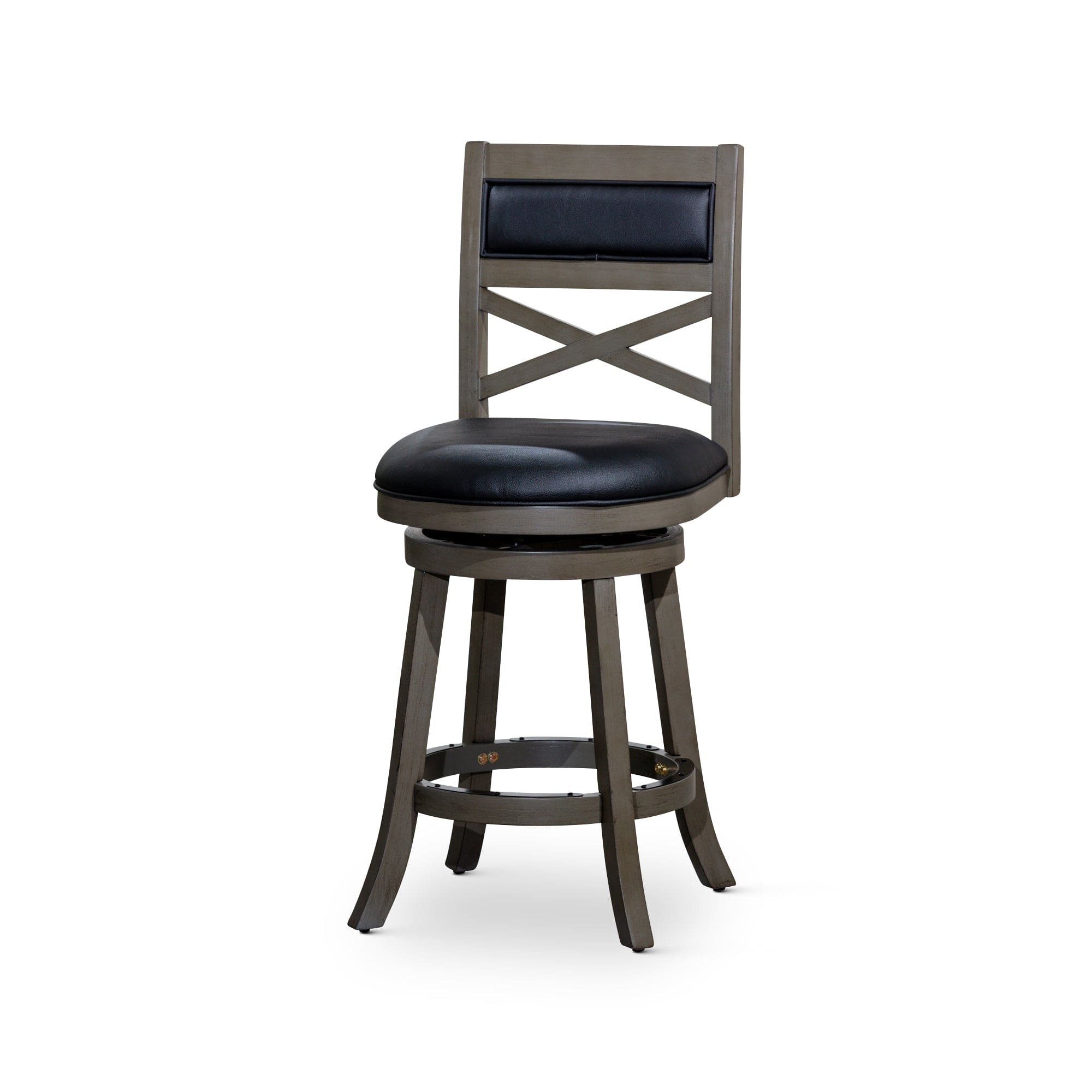 24" Counter Height X-Back Swivel Stool, Weathered Gray Finish, Black Leather Seat