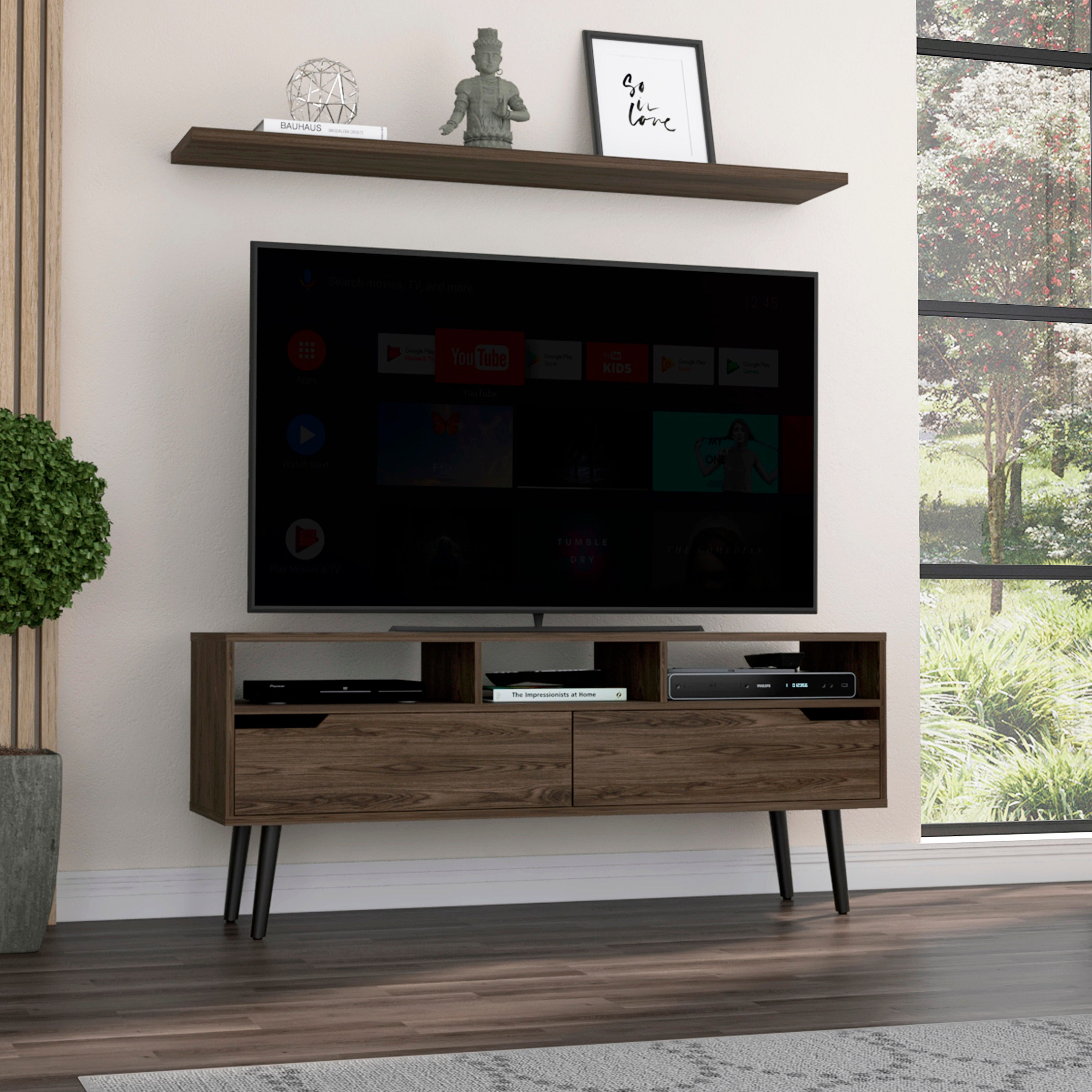 Oslo Tv Stand for TV´s up 51", Two  Drawers, Four Legs, Three Open Shelves -Dark Walnut