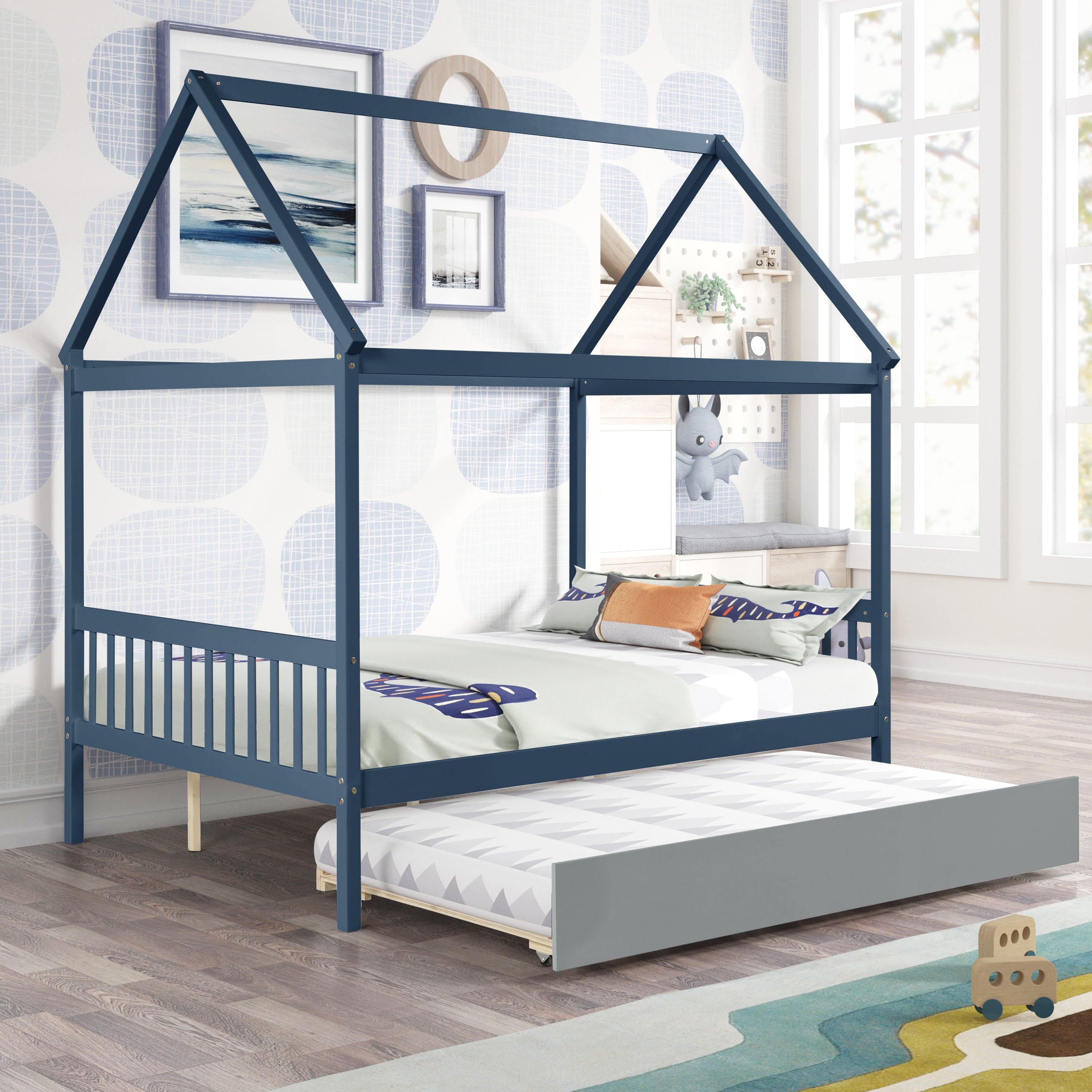 NAVY BLUE HOUSE FULL BED WITH TRUNDLE OF GREY COLOR