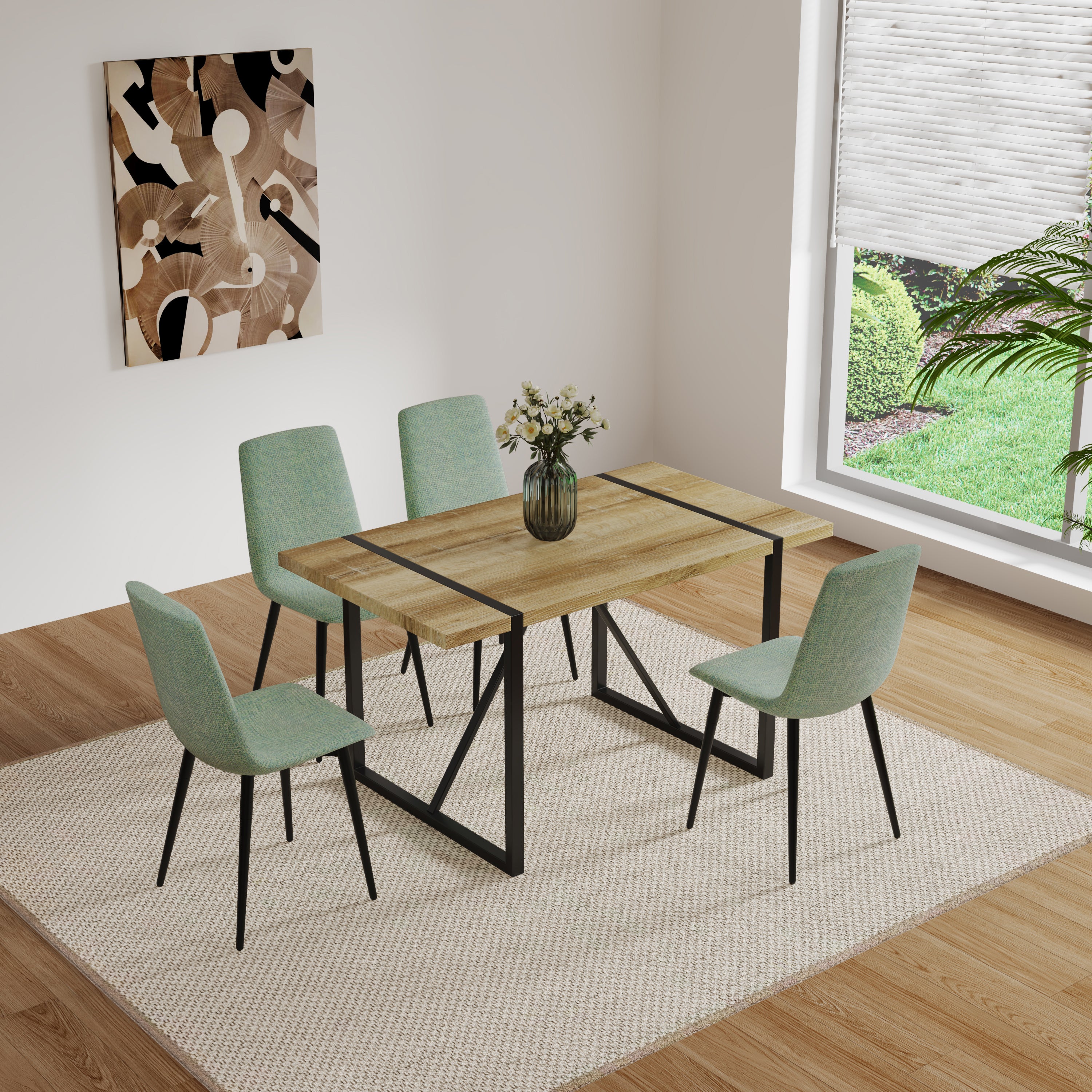 MDF Wood Colour Dining Table and Modern Dining Chairs Set of 4, Mid Century Wooden Kitchen Table Set, Metal Base & Legs, Dining Room Table and Linen Chairs