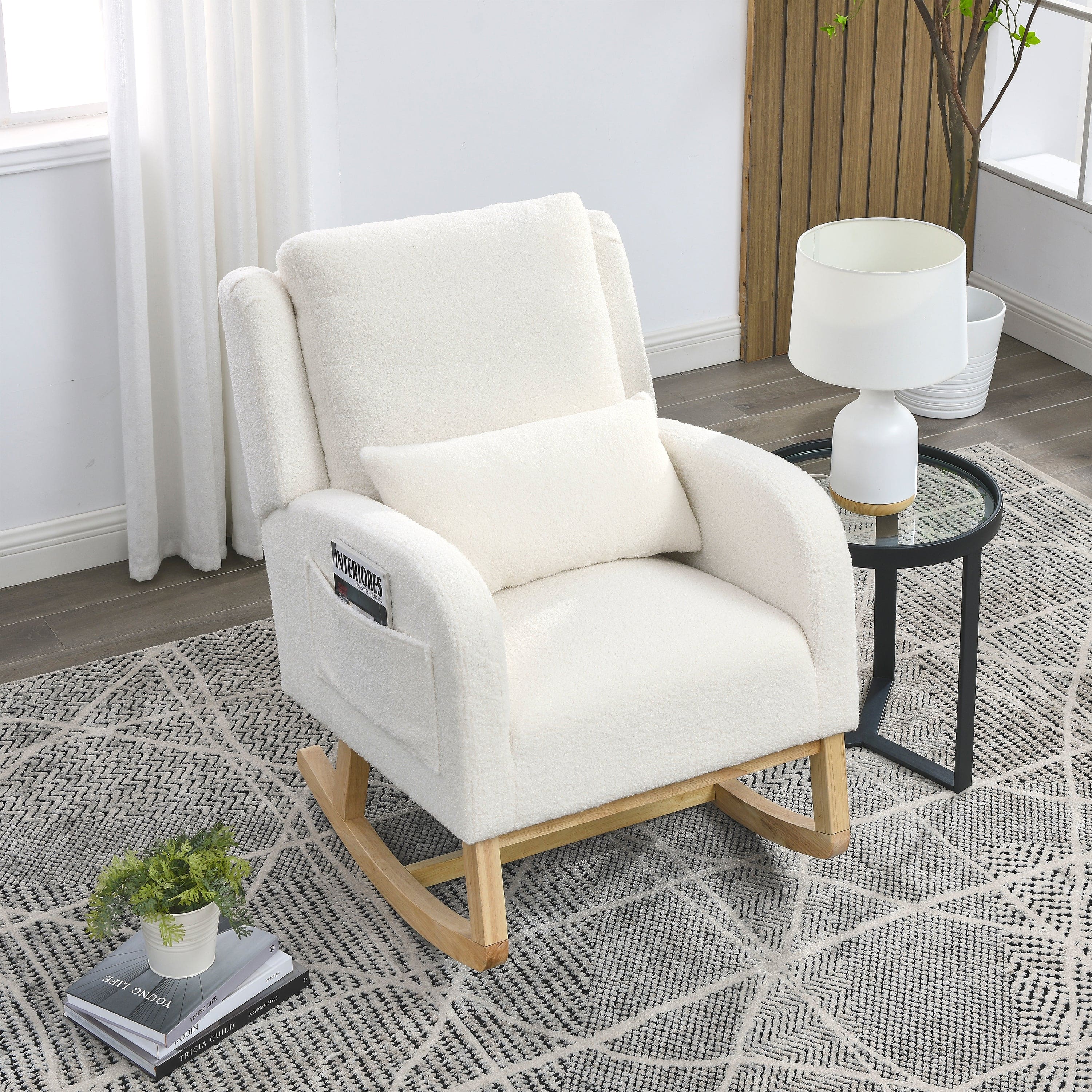 [Video] Welike 27.5 "W Modern Accent High Back Living Room Casual Armchair Rocker with One Lumbar Pillow, Two Side Pockets,Teddy White (Ivory)