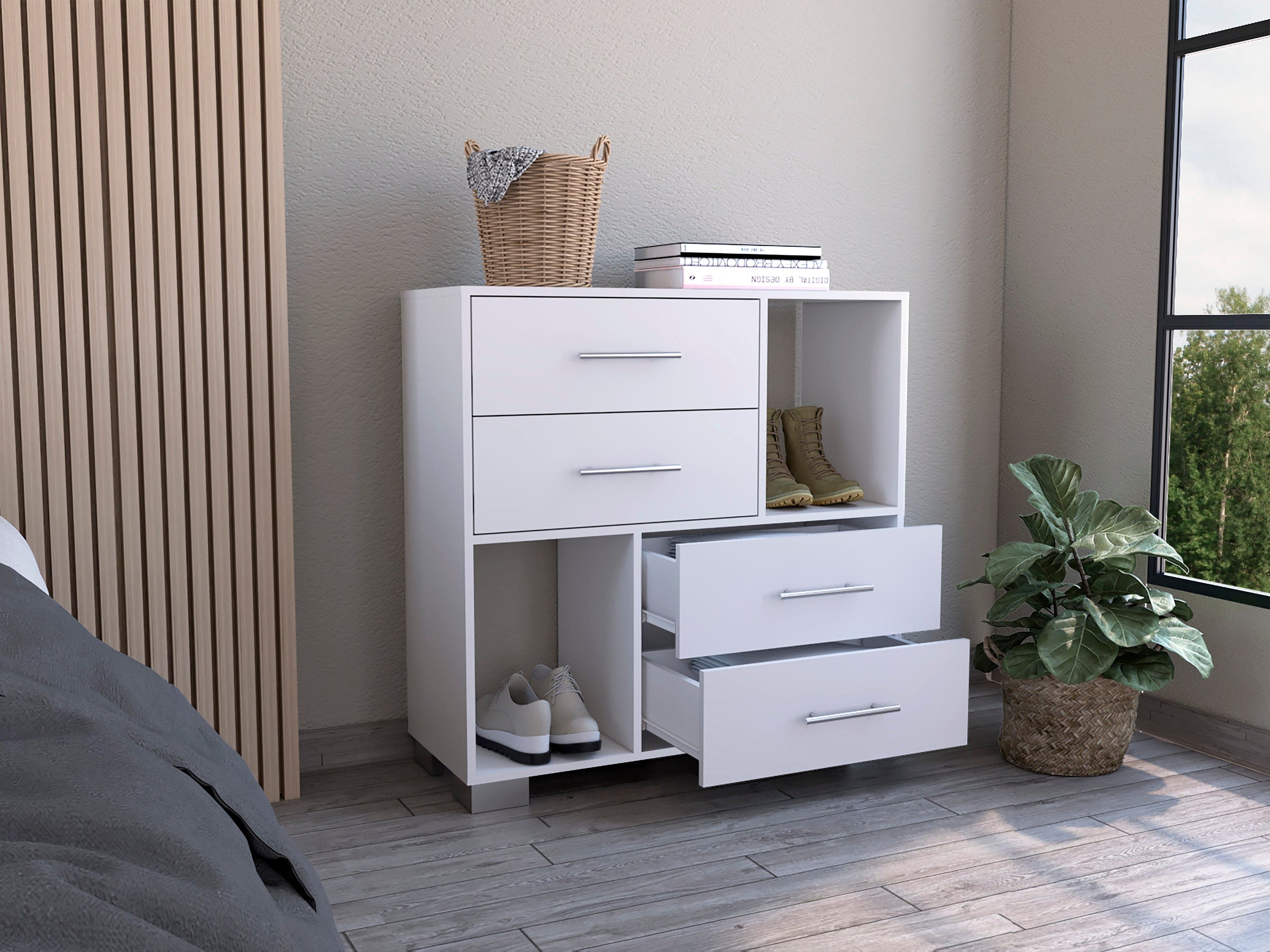 Dresser Hetzs, Four Drawers, Two Open Shelves, White Finish