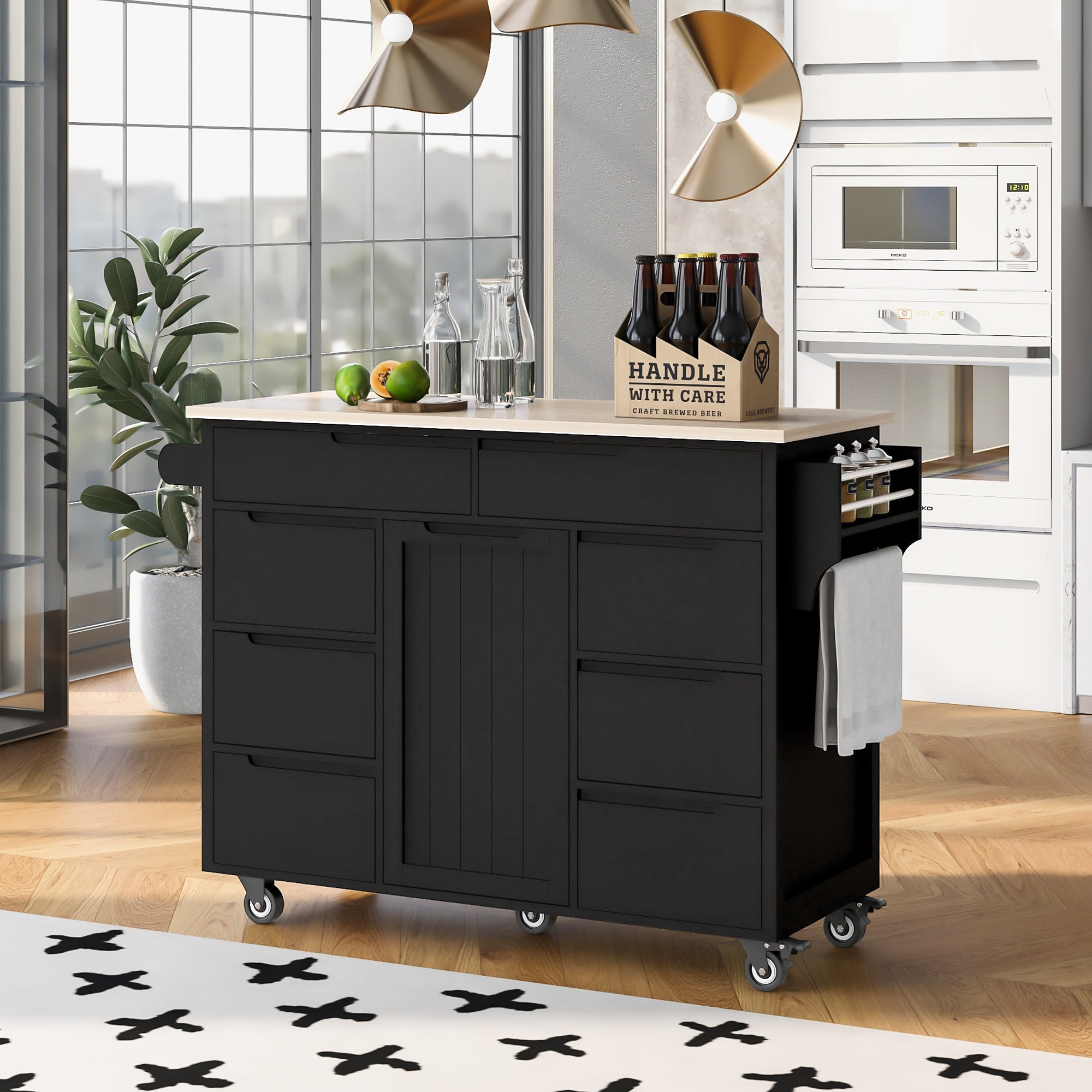 K&K Store Kitchen Cart with Rubber Wood Countertop , Kitchen Island has 8 Handle-Free Drawers Including a Flatware Organizer and 5 Wheels for Kitchen Dinning Room, Black