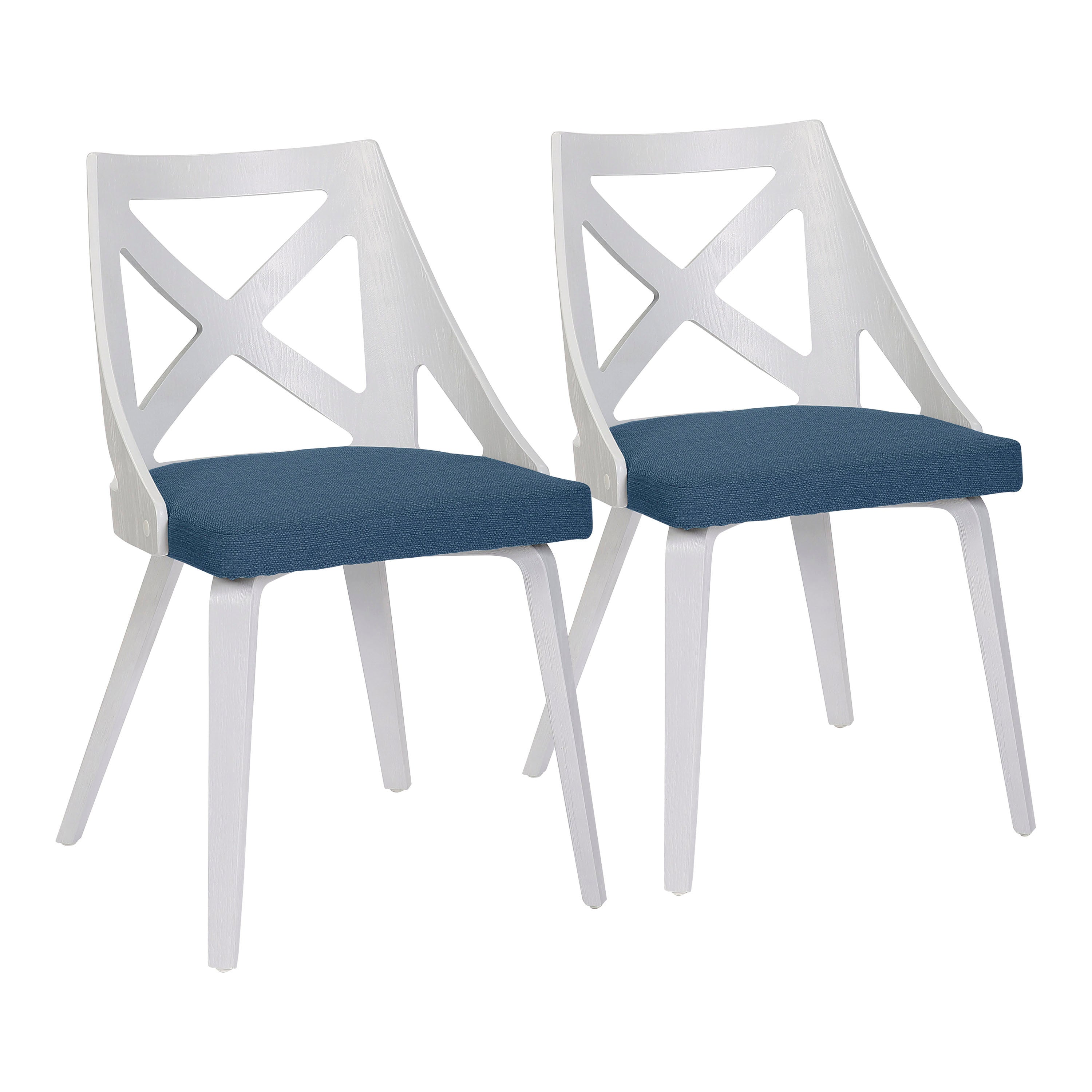 Charlotte Farmhouse Chair in White Textured Wood and Blue Fabric by LumiSource - Set of 2