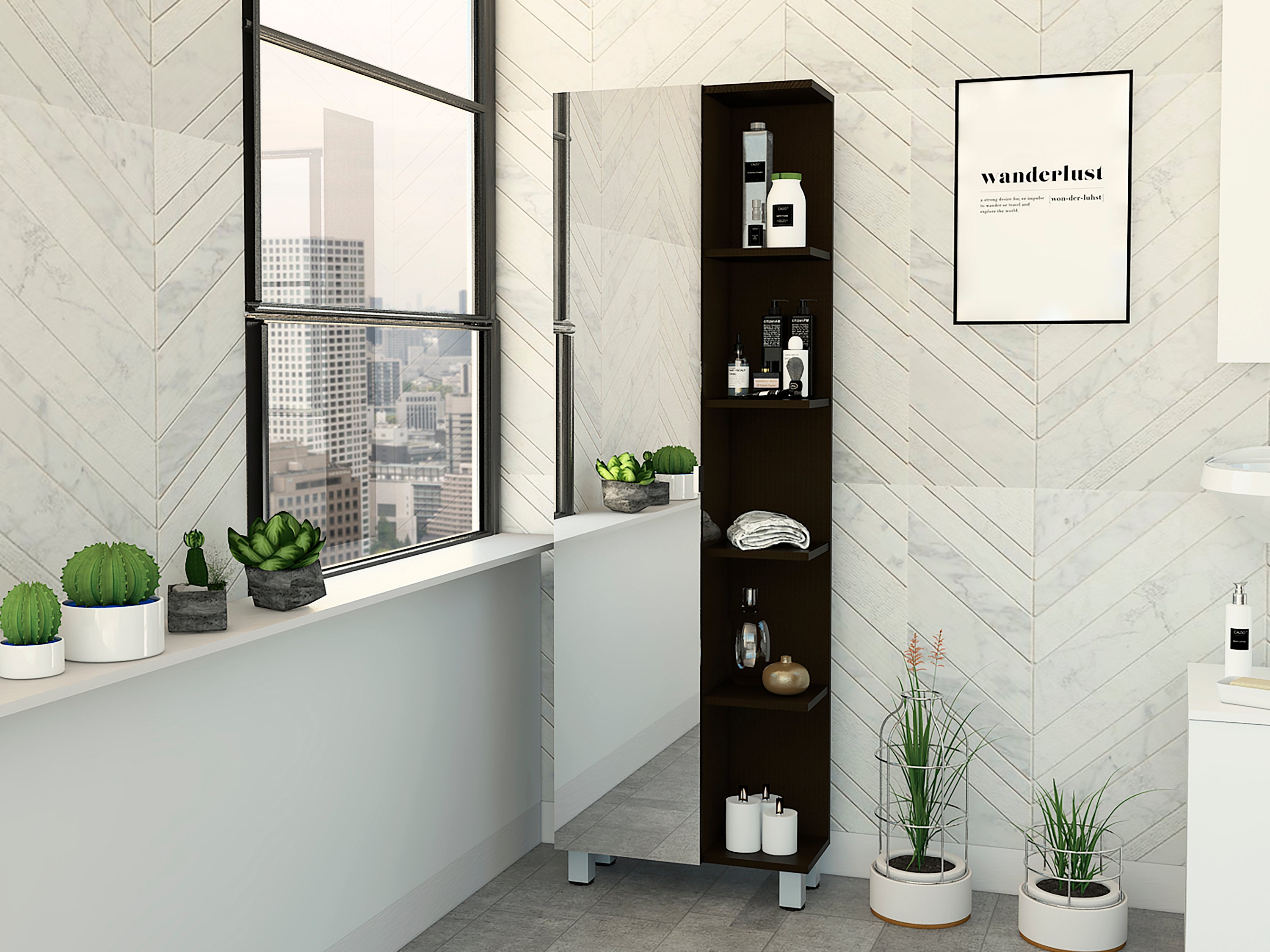 Mirror Linen Cabinet Reno,Four Interior Shelves, Black Wengue Finish