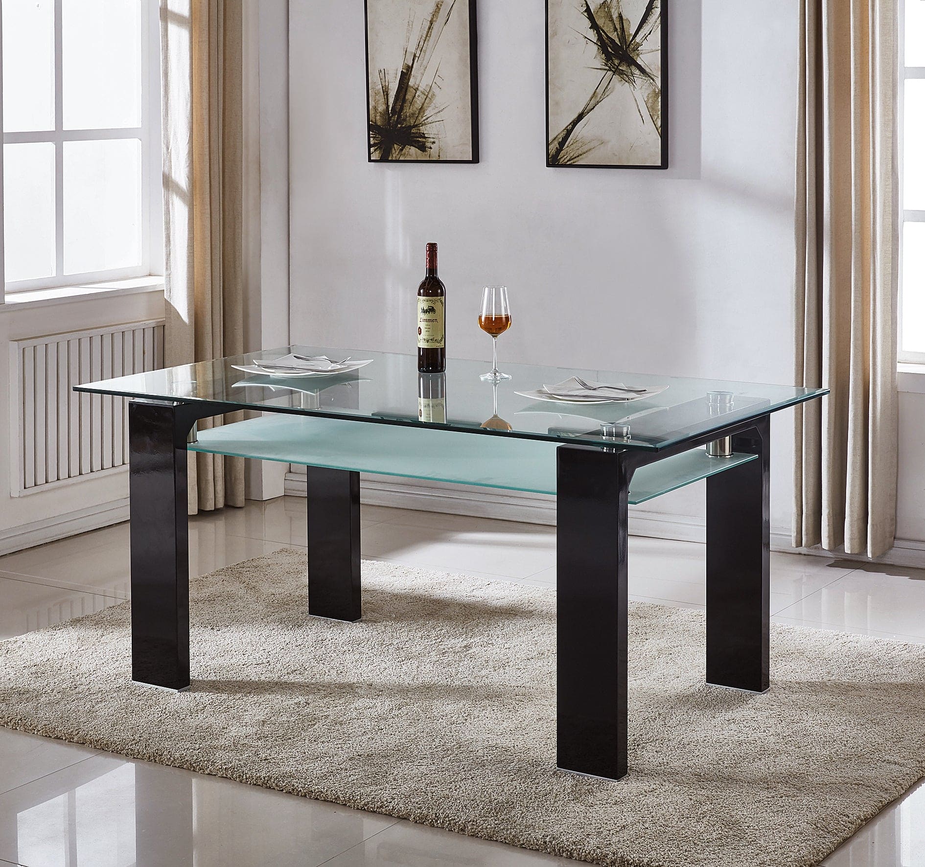 Double-Layer Tempered Glass Rectangular Dining Table