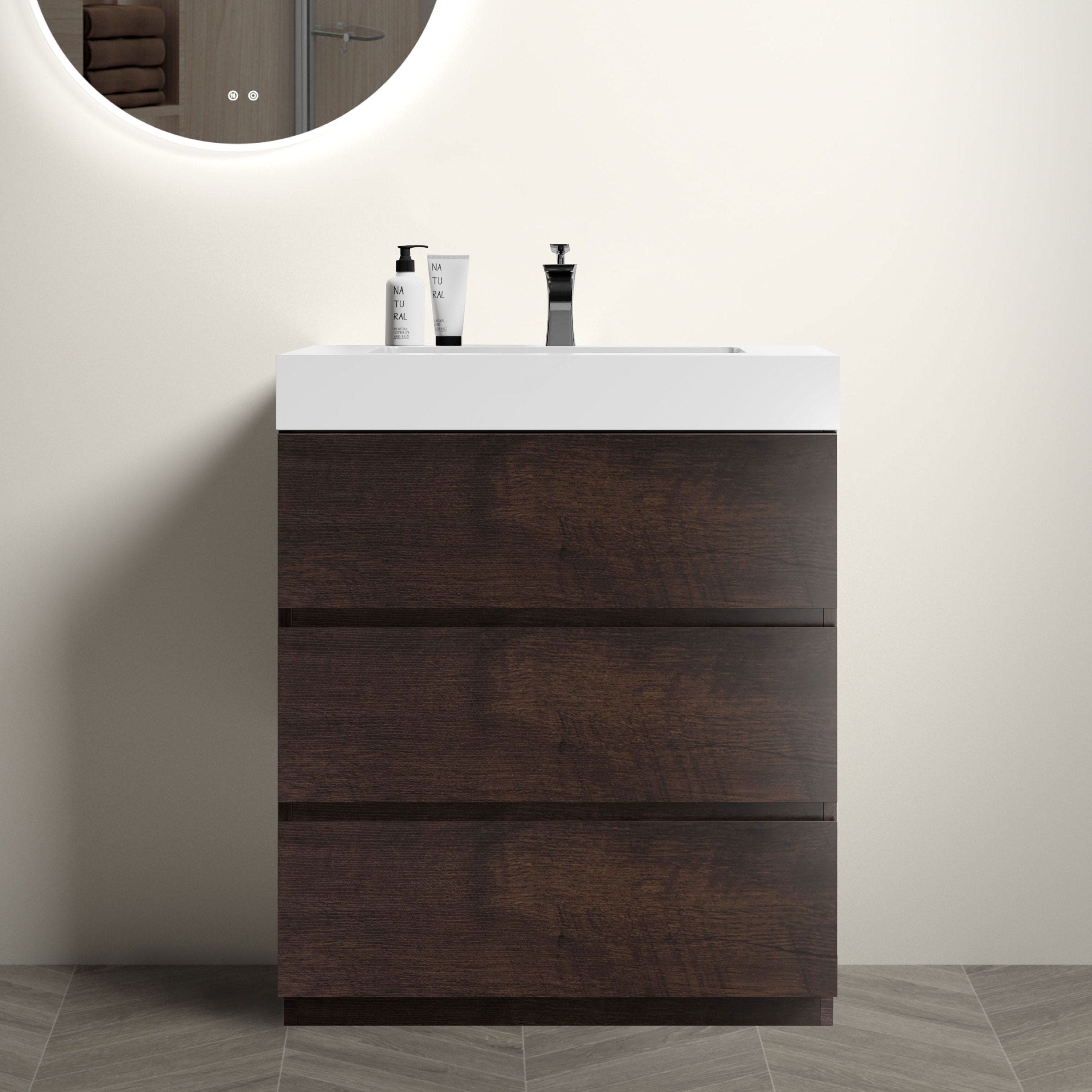 Alice 30" Walnut Bathroom Vanity with Sink, Large Storage Freestanding Bathroom Vanity for Modern Bathroom, One-Piece White Sink Basin without Drain and Faucet