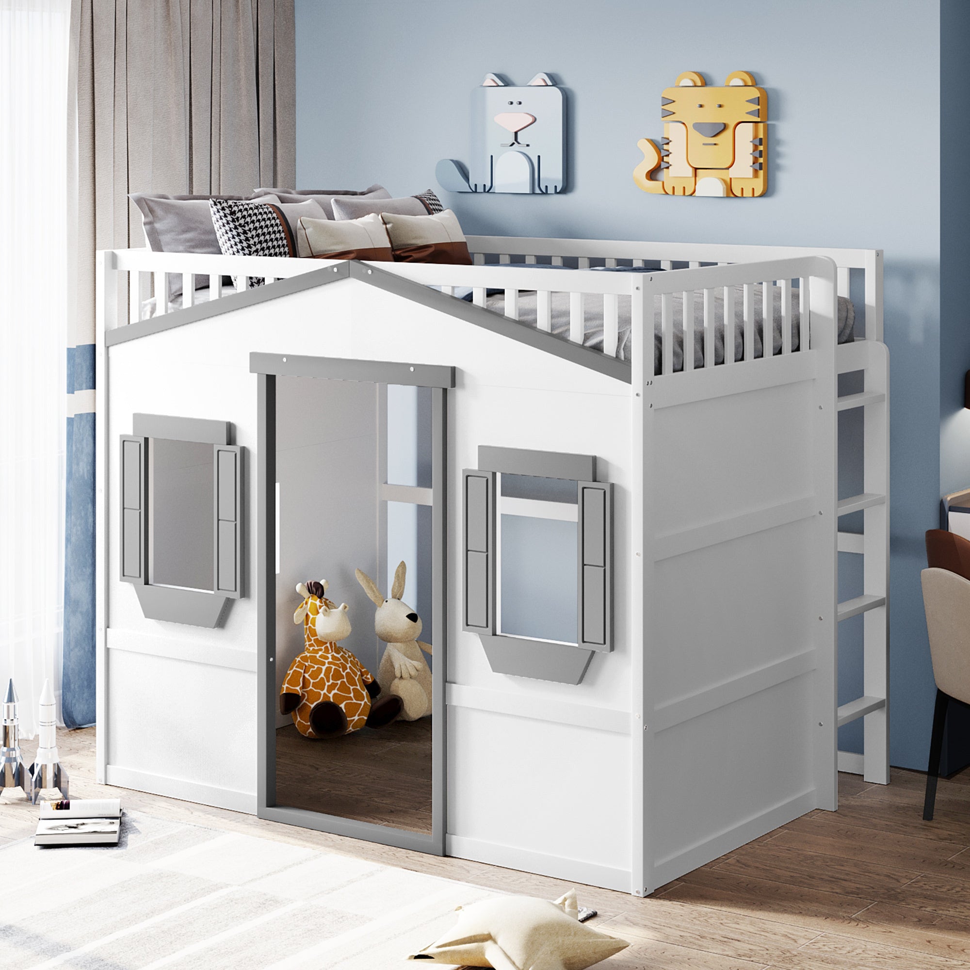 Full Size House Loft Bed With Ladder-White+Gray Frame