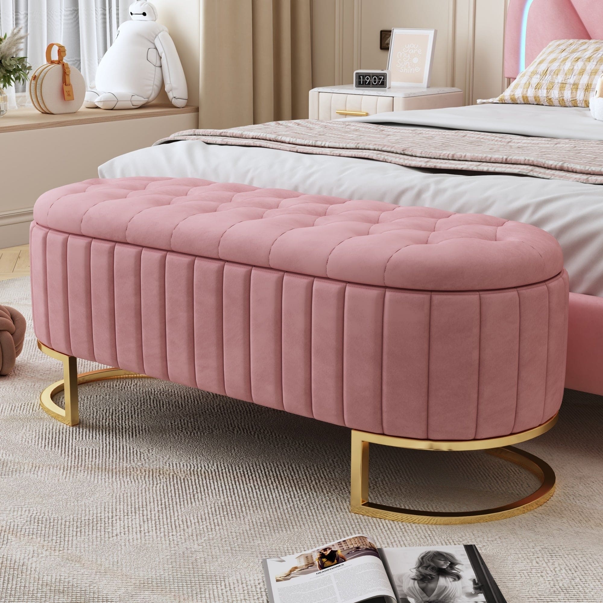 Elegant Upholstered Velvet Storage Ottoman with Button-Tufted,Storage Bench with Metal Legs for Bedroom,Living Room,Fully Assembled Except Legs,Pink