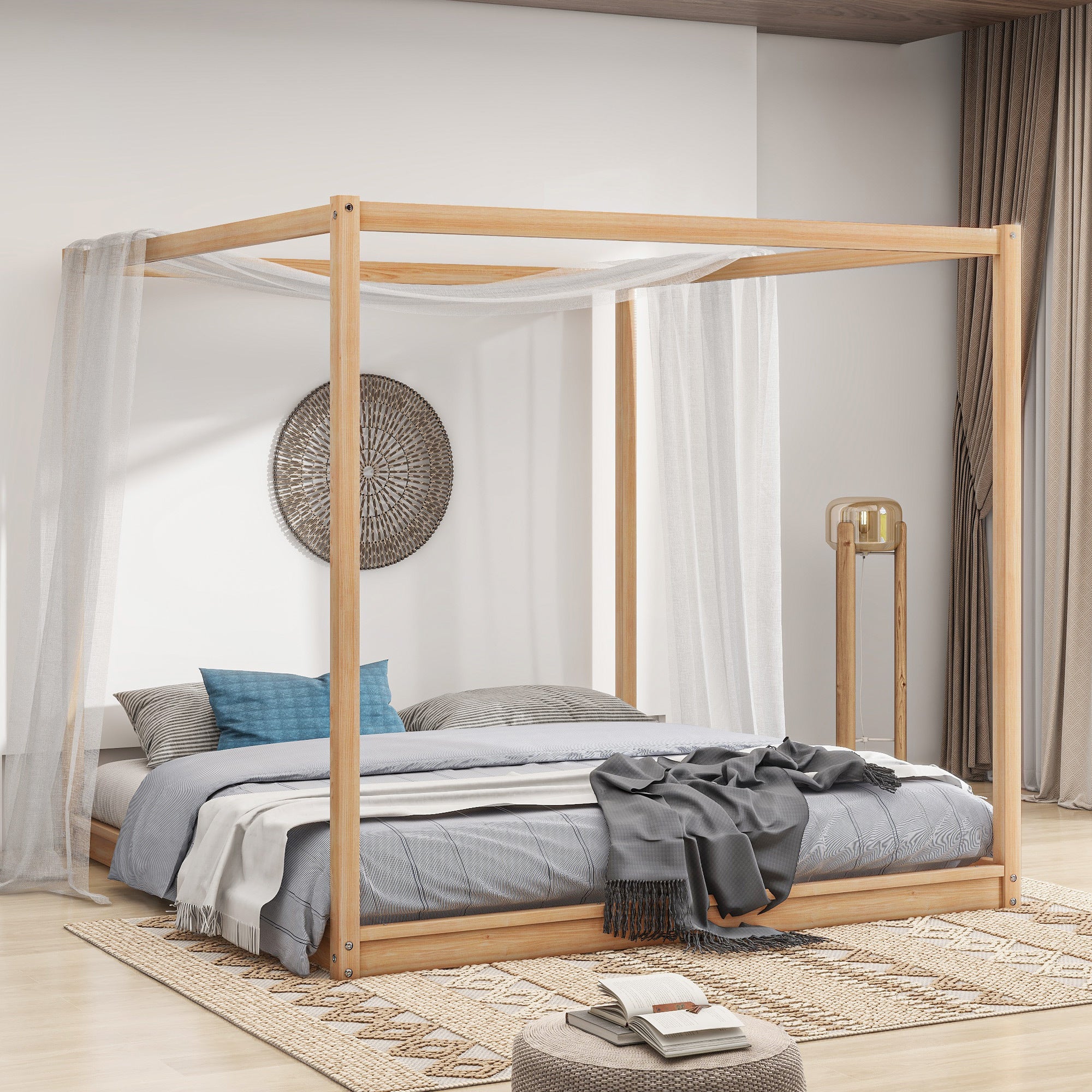 King Size Canopy Platform Bed with Support Legs, Natural