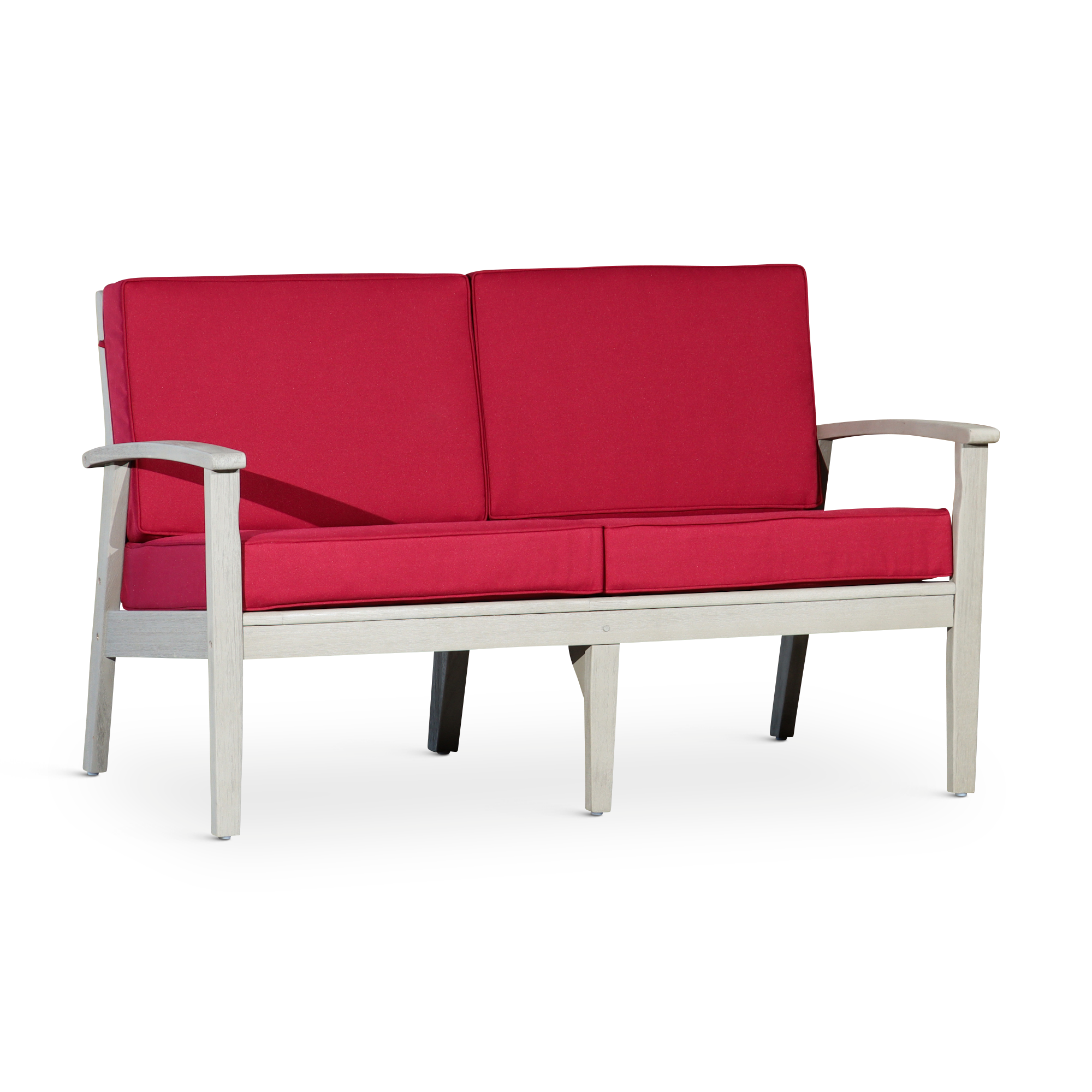 Eucalyptus Loveseat with Cushions, Driftwood Gray Finish, Burgundy Cushions