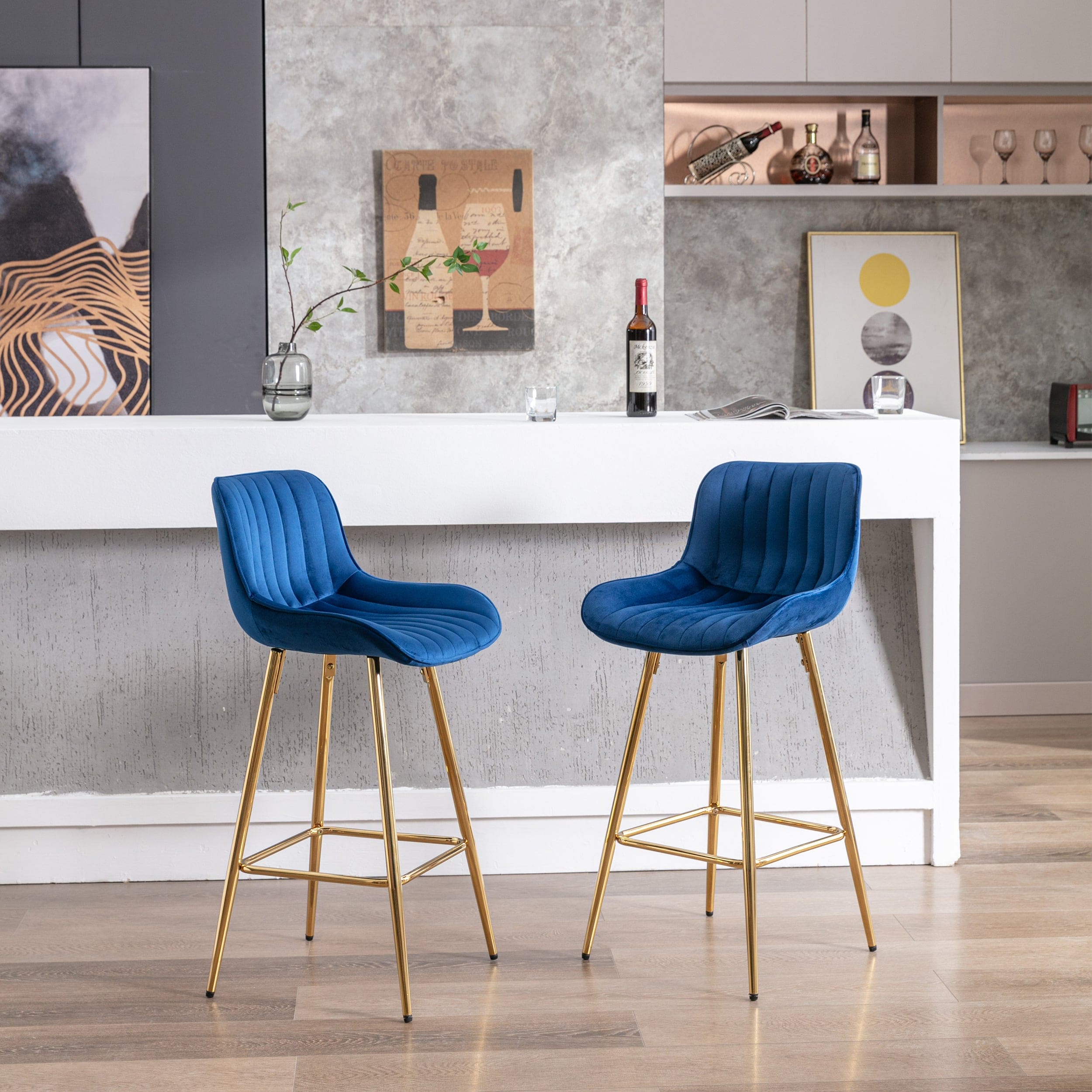 26 Inch Set of 2 Bar Stools,with Steel Frame Footrest Velvet Fabric Golden Leg Simple Bar Stool,BLUE