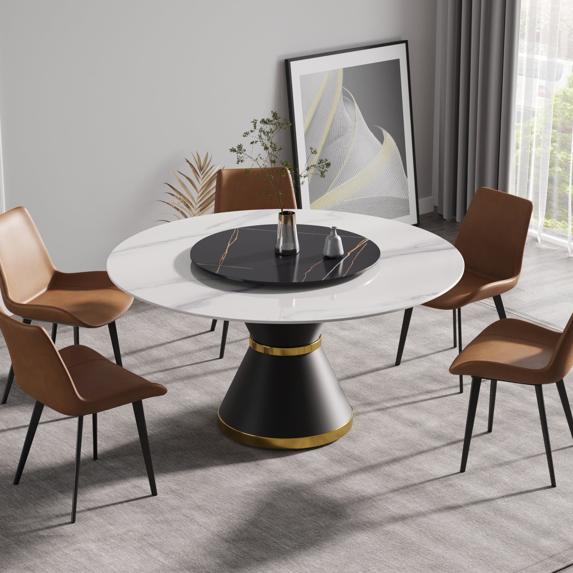 59.05"Modern artificial stone round black carbon steel base dining table-can accommodate 6 people-31.5"black artificial stone turntable